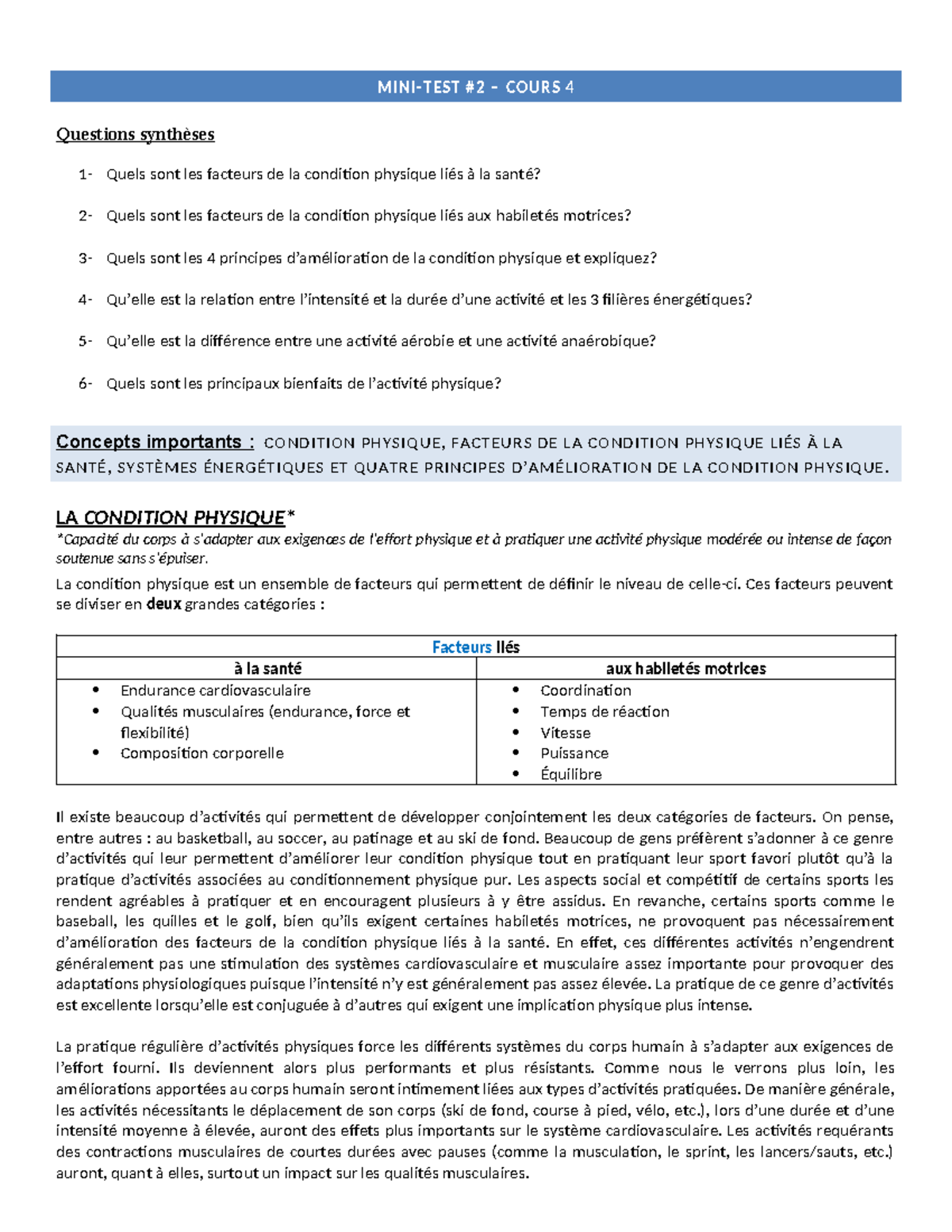 Notes de cours 2 H24 - MINI-TEST #2 – COURS 4 Questions synthèses 1 ...