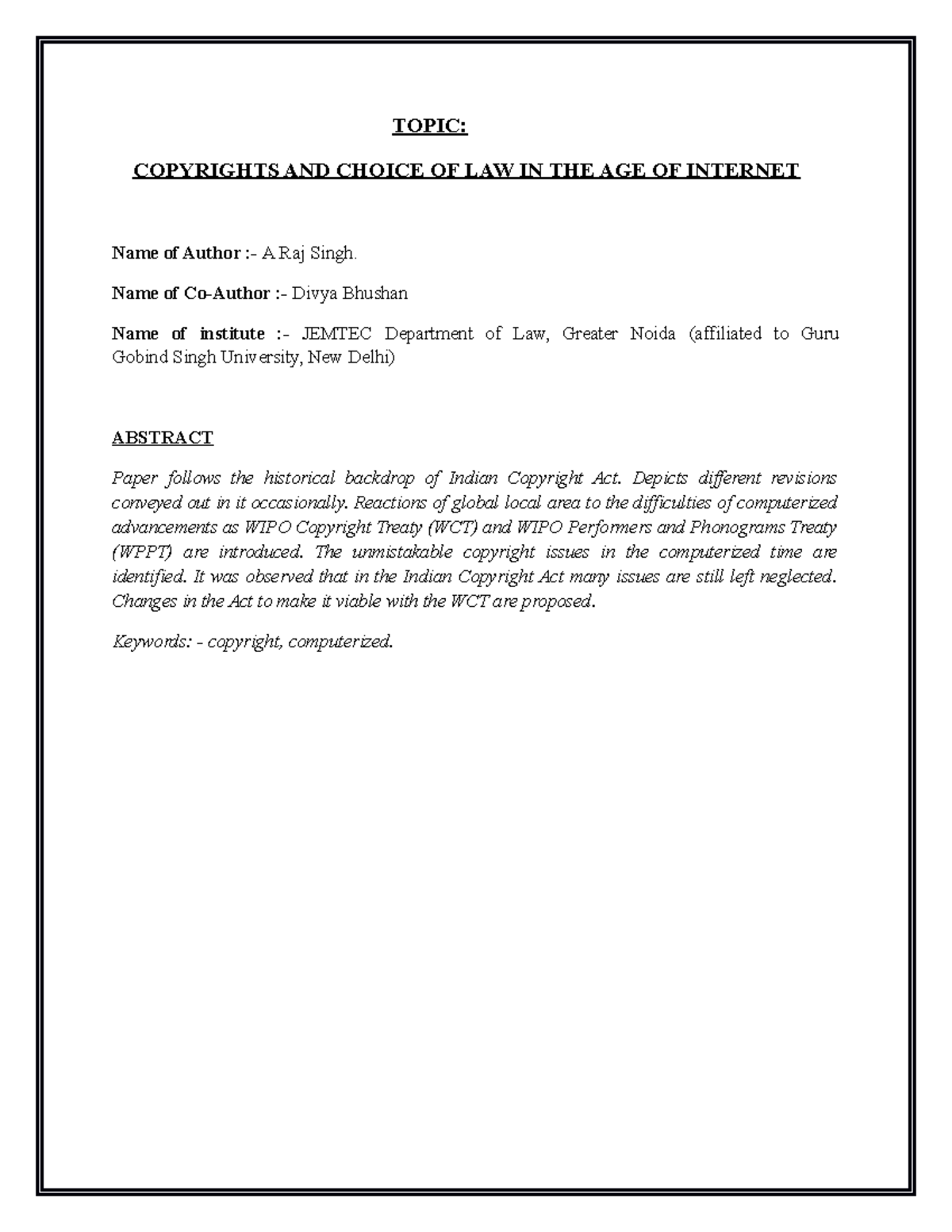 Copyrights AND Choice OF LAW IN THE AGE OF Internet - TOPIC: COPYRIGHTS ...