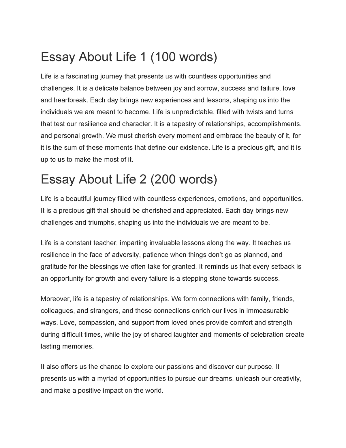 Swana - Asd - Essay About Life 1 (100 Words) Life Is A Fascinating 