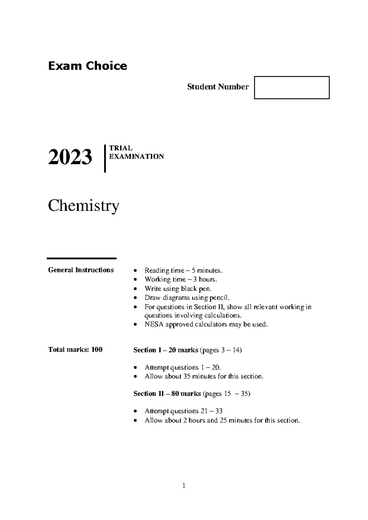 Chemistry Trial CSSA Paper 2023 Exam Choice Student Number 2023 TRIAL EXAMINATION Chemistry