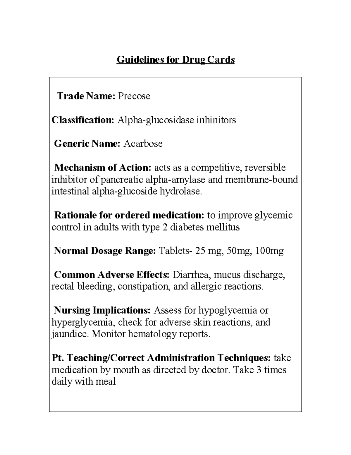 Acarbose - drug cards - Guidelines for Drug Cards Trade Name: Precose ...