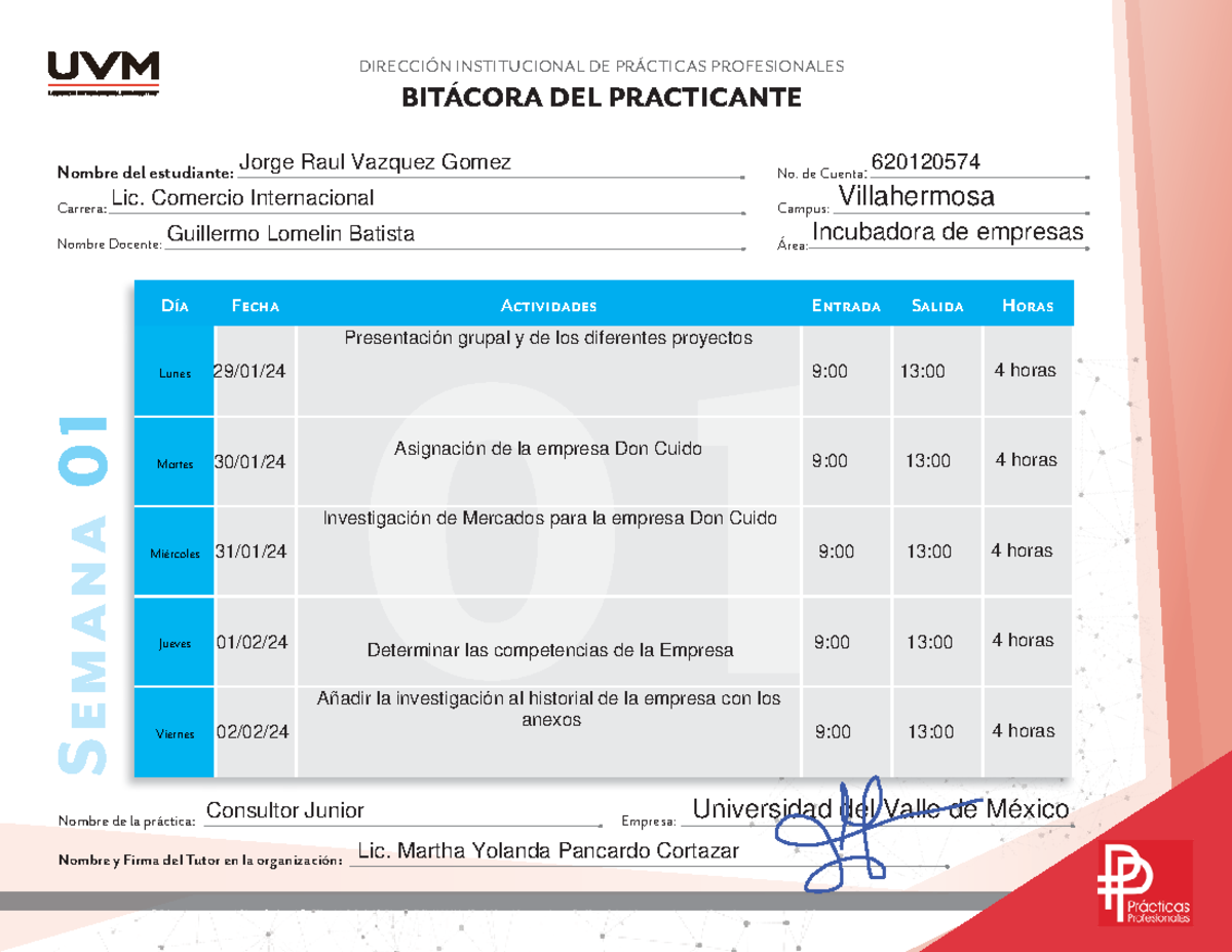Bitacora S01 JRVG-fusionado - BITÁCORA DEL PRACTICANTE Semana 01 Nombre ...