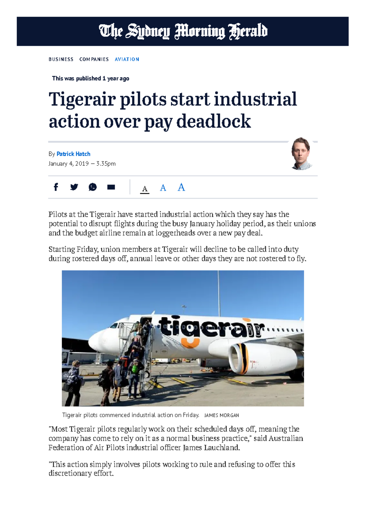 2. Tigerair pilots start industrial action over pay deadlock This was