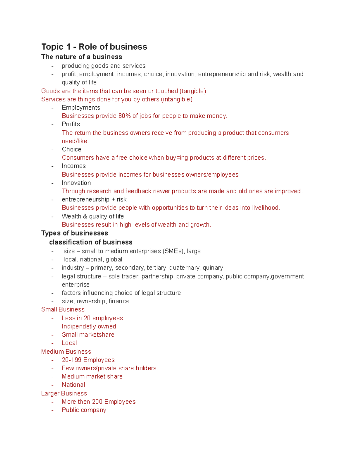 Business Syllabus Notes - Topic 1 - Role of business The nature of a ...