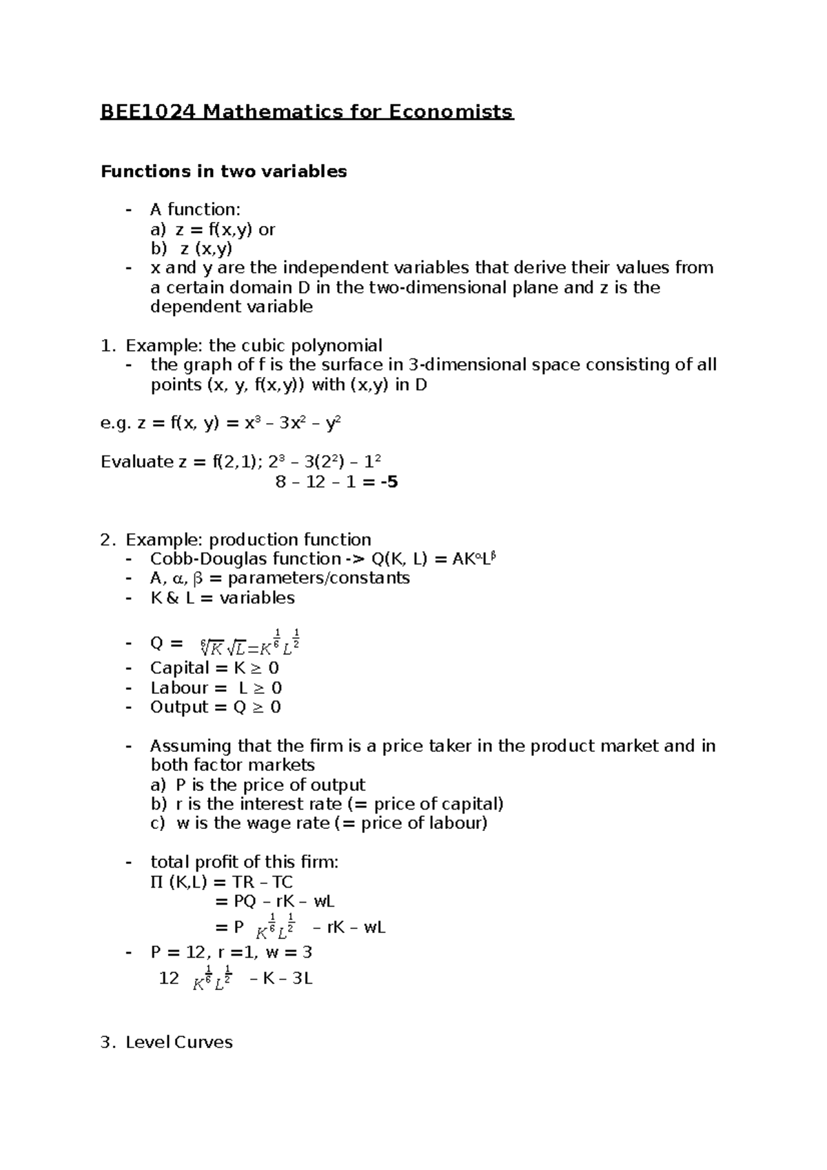 Week 1 Dr Giancarlo Ianulardo Week 1 Bee1024 Mathematics For Economists Functions In Two Studocu