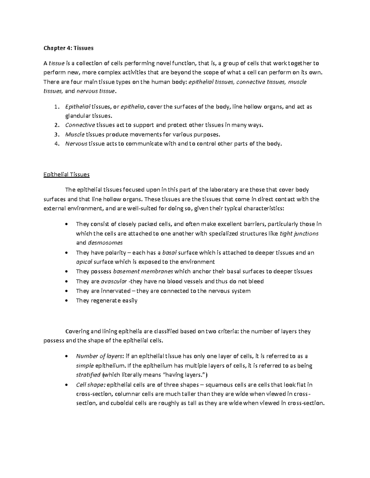Ch 4 tissues notes - Chapter 4: Tissues A tissue is a collection of ...