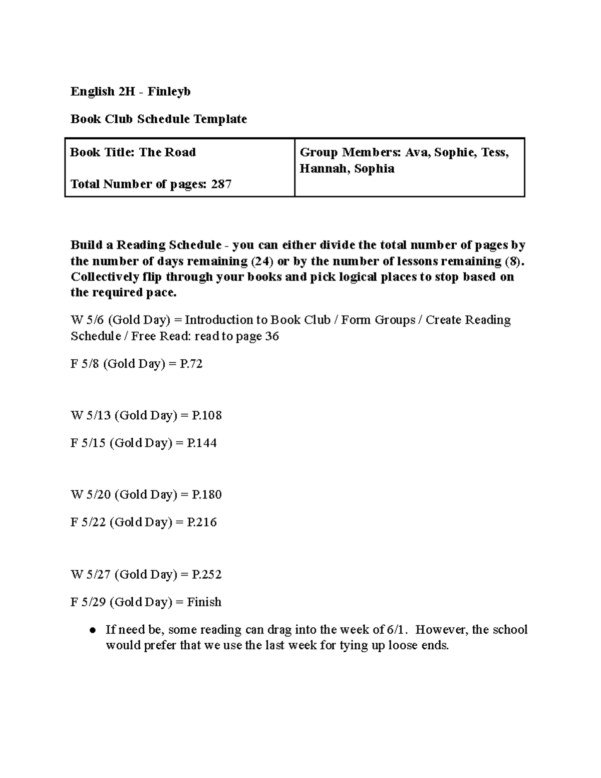 The Road Book Club Reading Schedule English 2H Finleyb Book Club