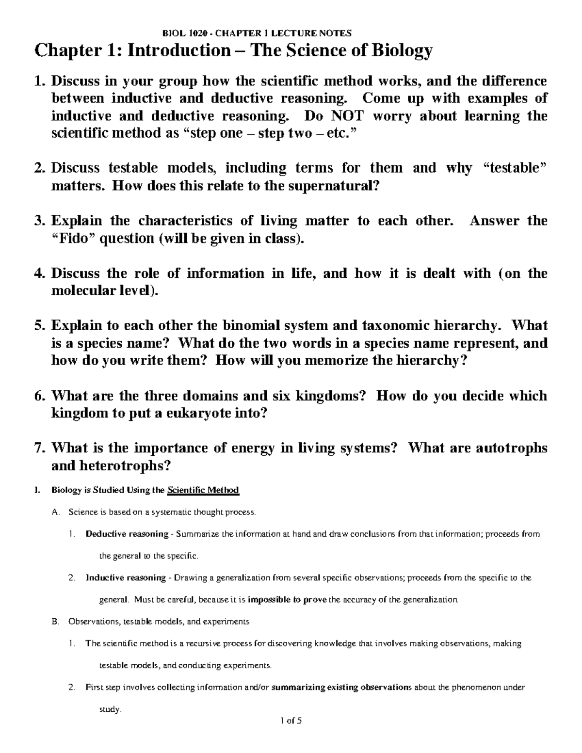 Chapter 01 - CH 1 study guide and notes. - BIOL 1020 - Studocu