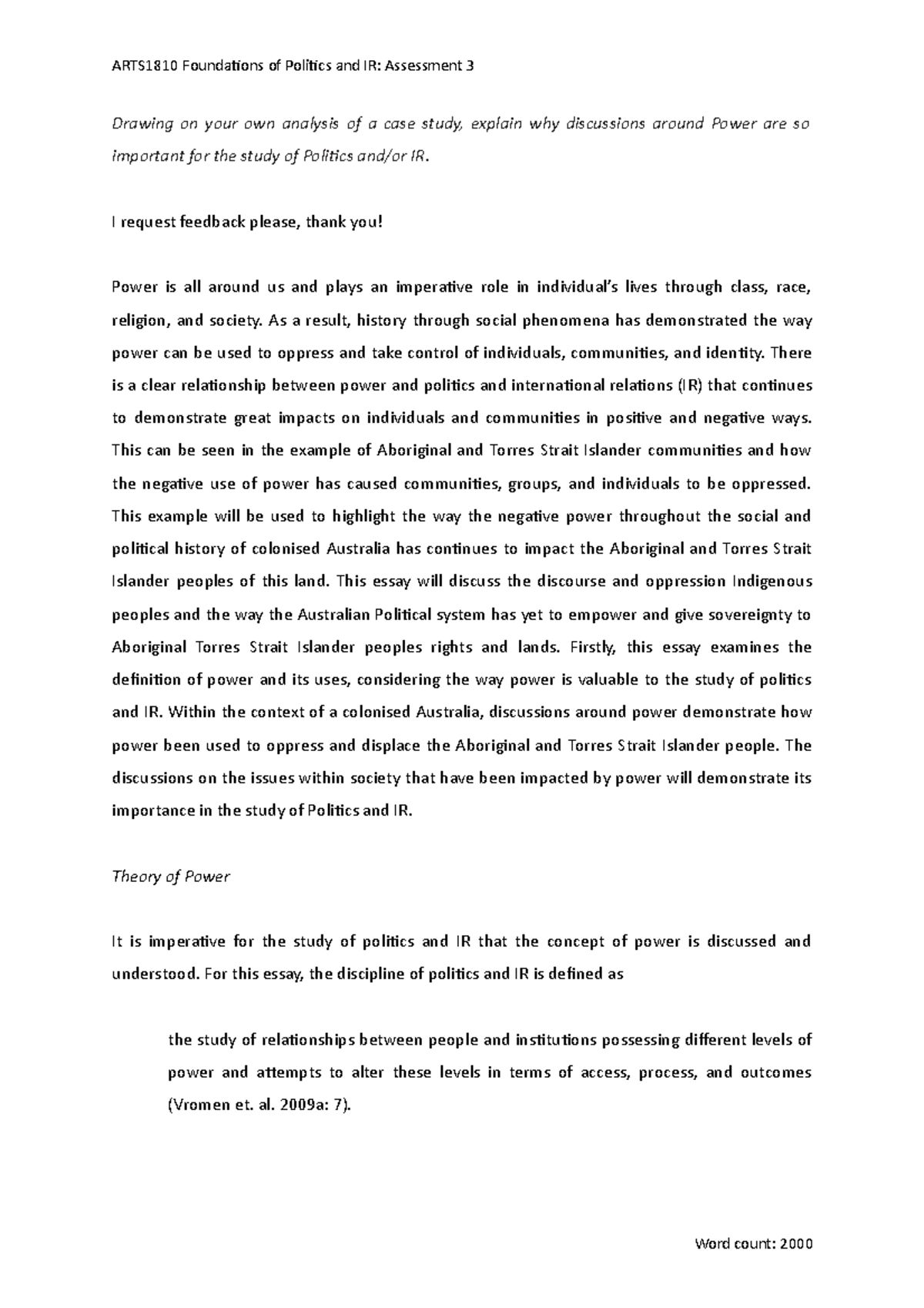 Arts 1810 Assessment 3 Final Essay 2022 - Drawing on your own analysis ...