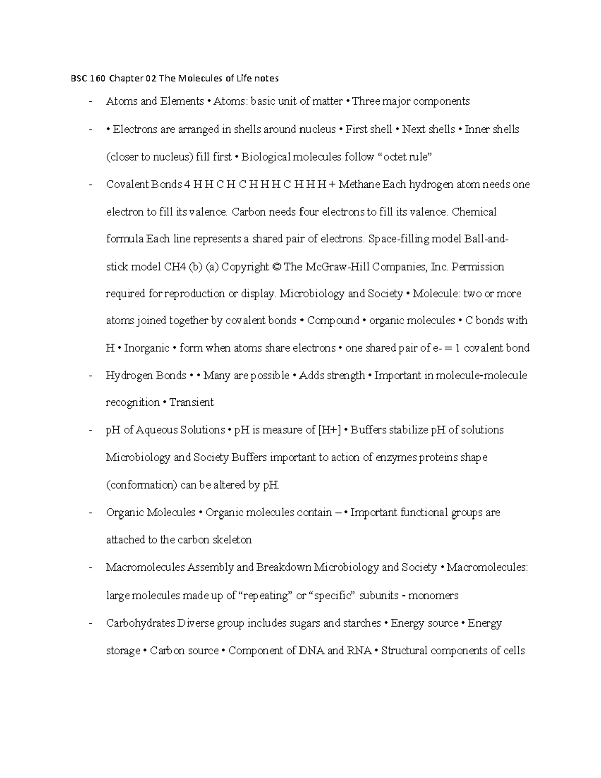 BSC 160 Chapter 02 The Molecules of Life notes BSC 160 Chapter 02 The