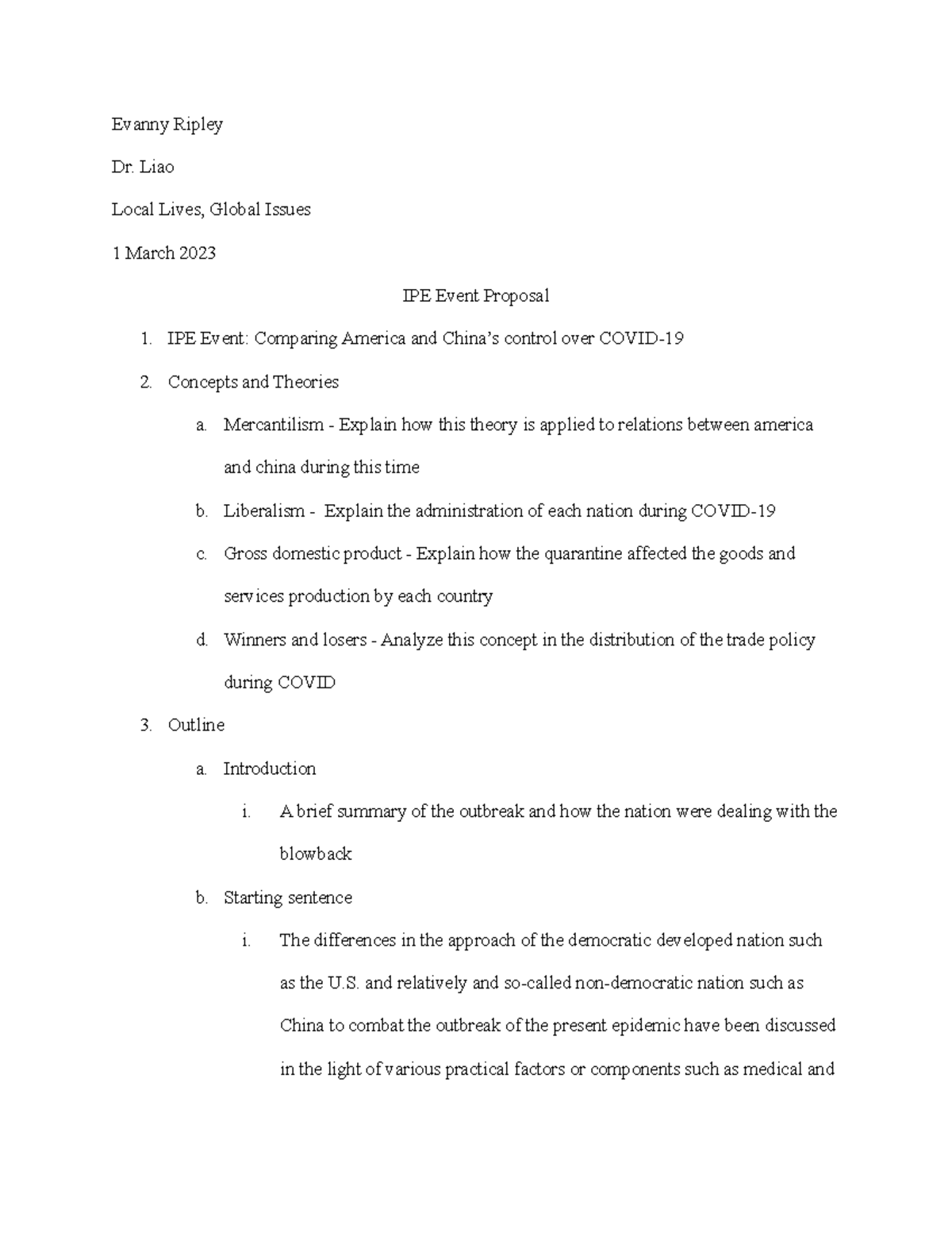 IPE Proposal - Evanny Ripley Dr. Liao Local Lives, Global Issues 1 ...