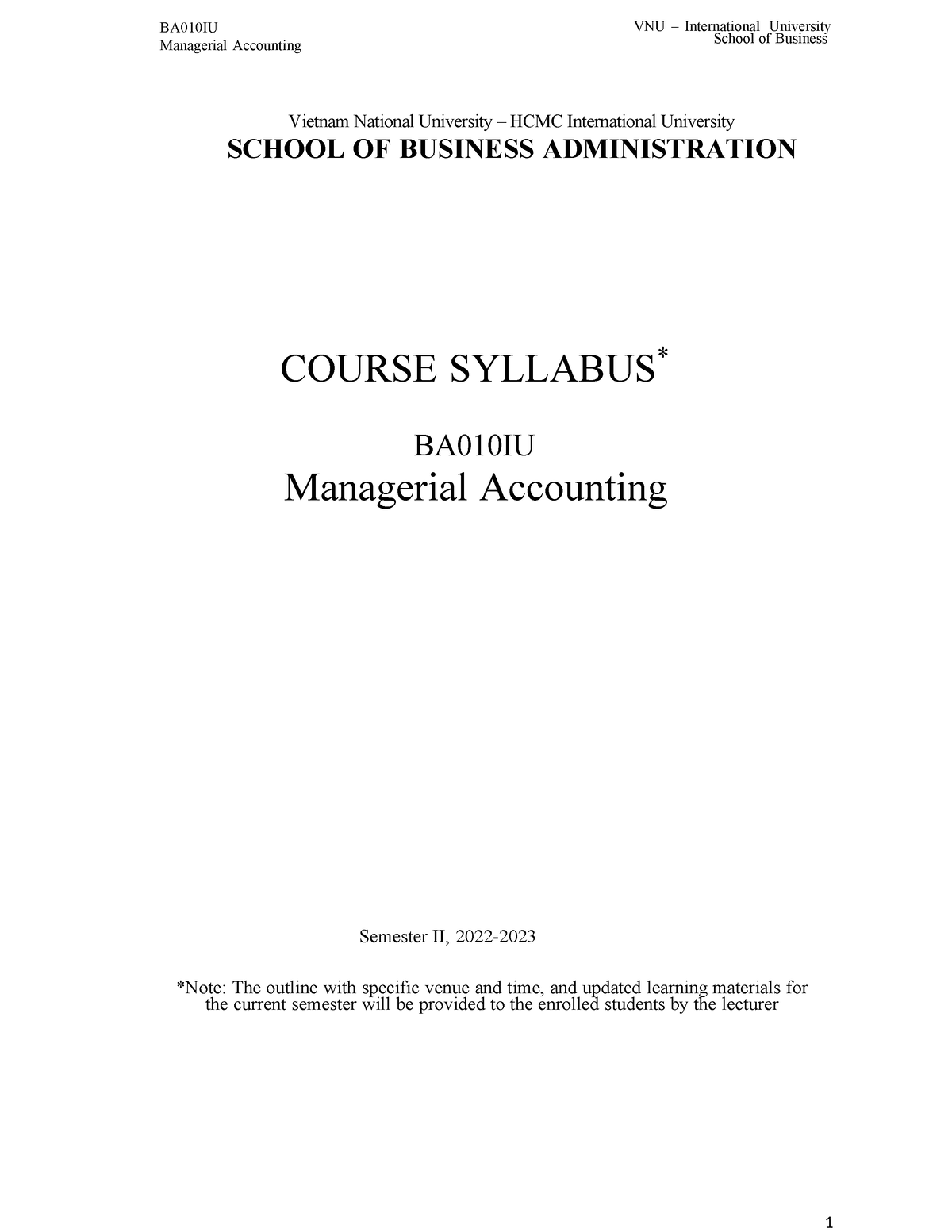 MA - BA010IU - Syllabus - BA010IU Managerial Accounting School Of ...