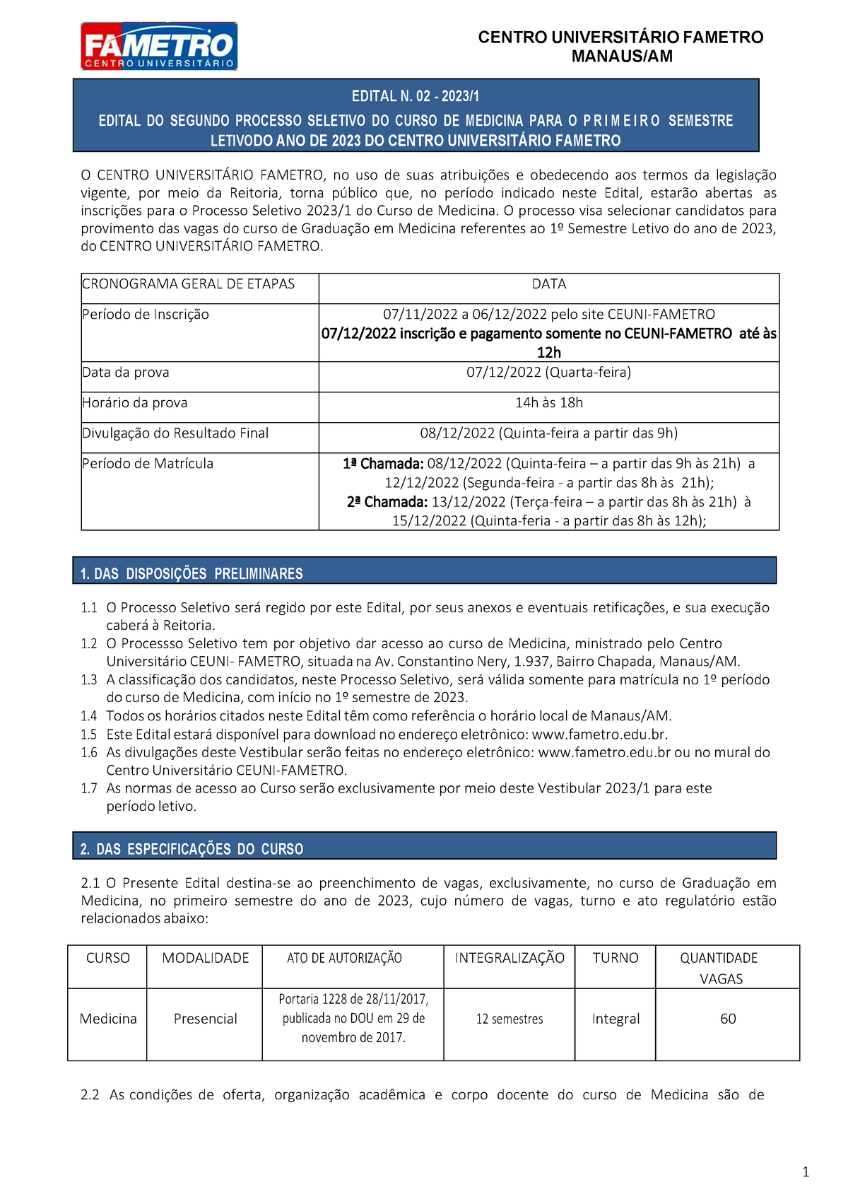 1-edital-medicina-2023.1 - 2º Vestibular - MANAUS/AM 1. DAS DISPOSIÇÕES ...