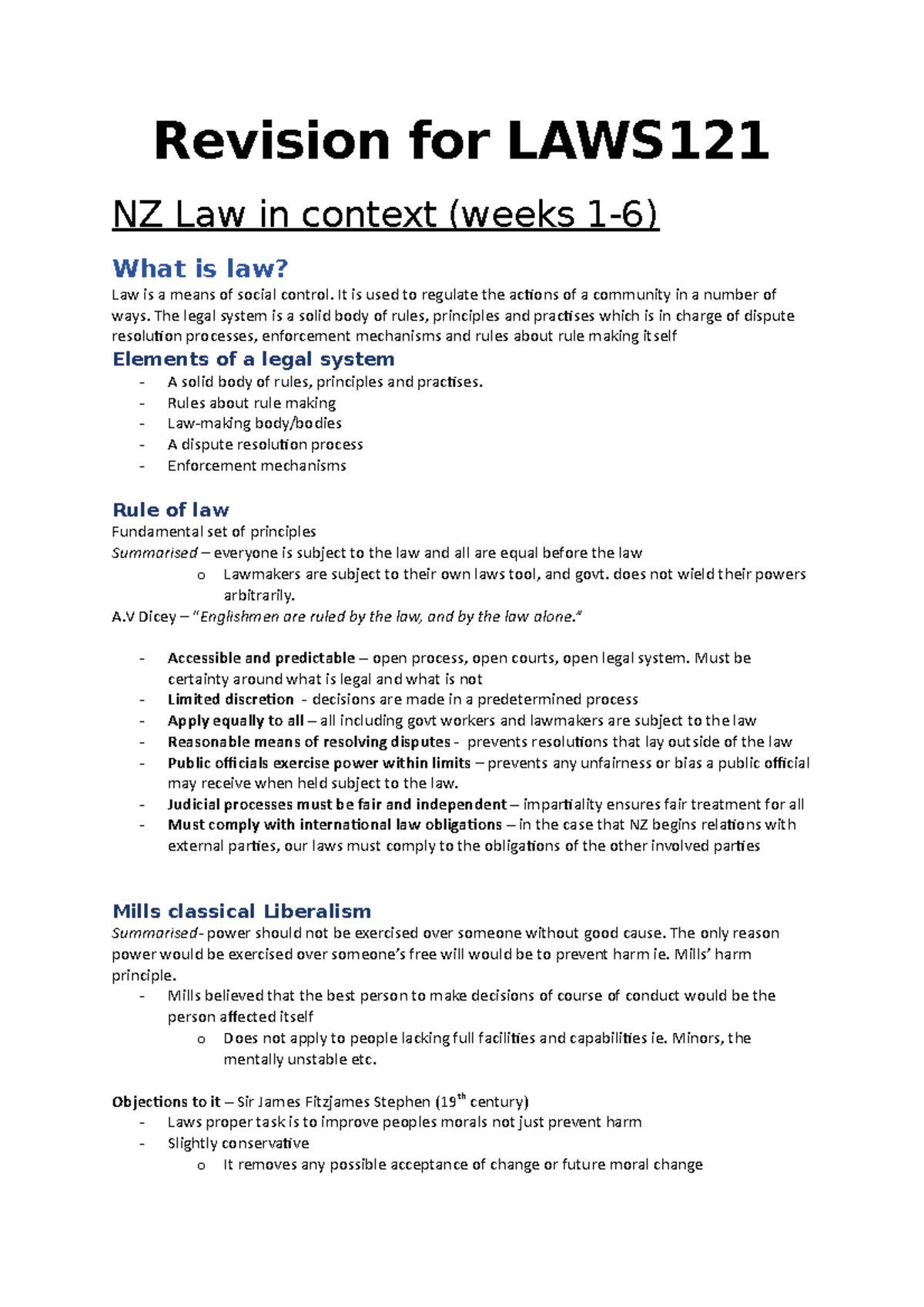 Revision for LAWS121 Final EXAM Revision for LAWS NZ Law in context