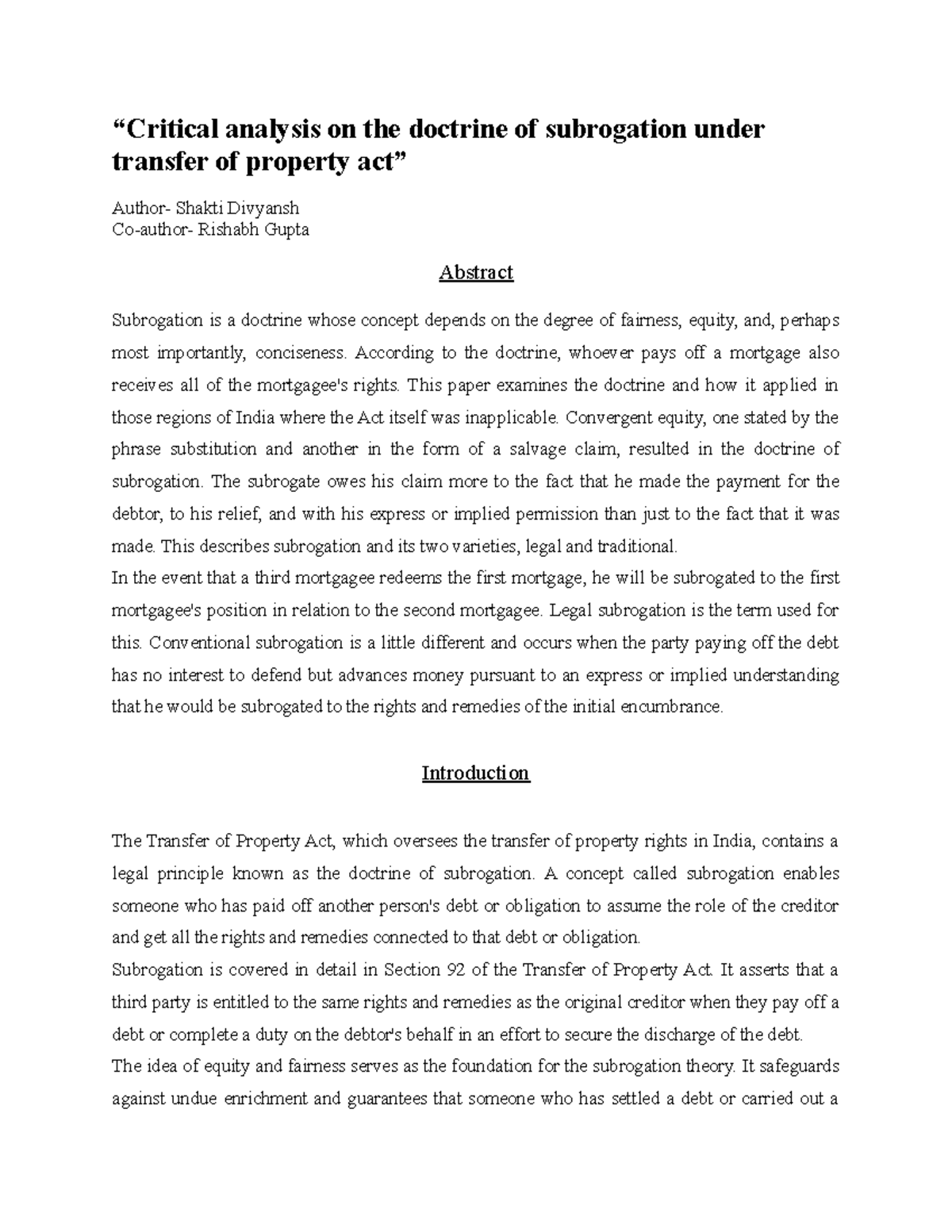 Subrogation An Analysis - “Critical Analysis On The Doctrine Of ...