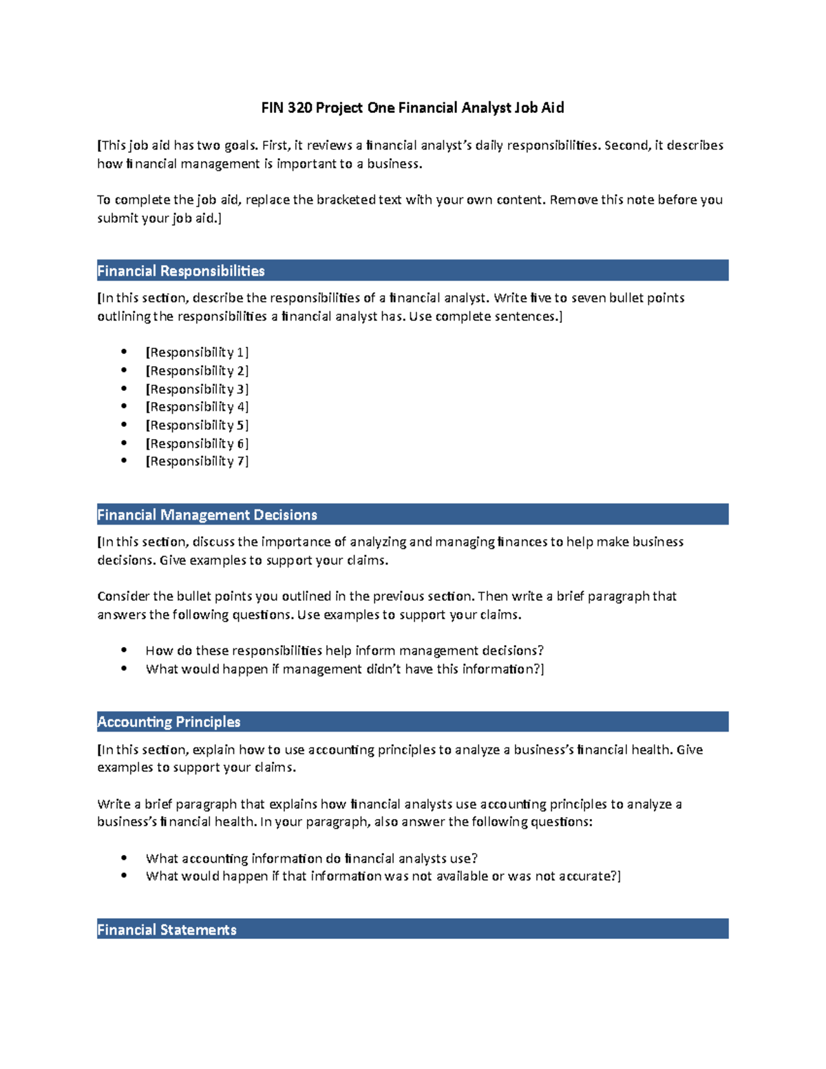 FIN 320 Project One Financial Analyst Job Aid First It Reviews A 