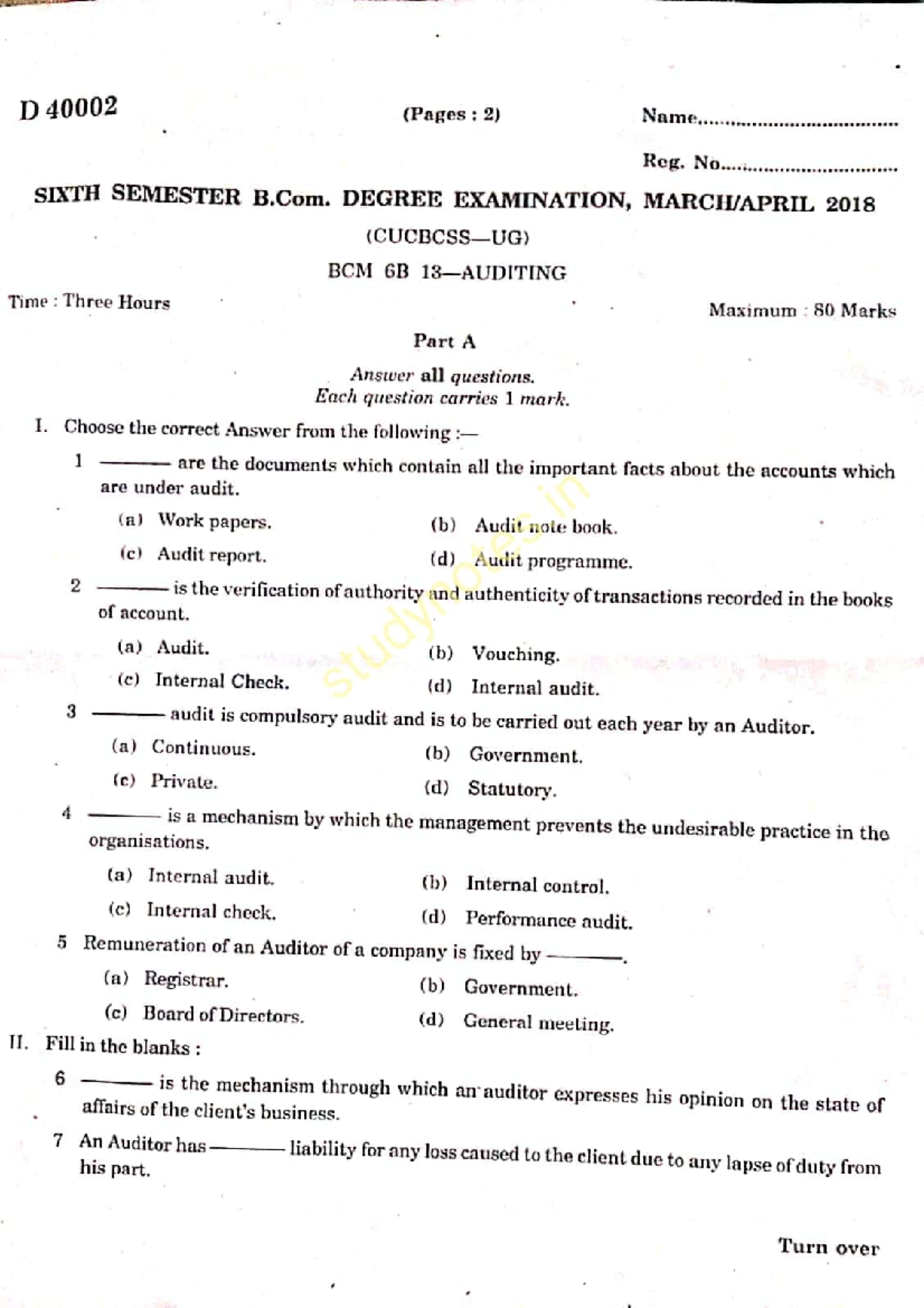 Bcom-auditing-2018 - Question paper - Bachelor of commerce (bcom) - Studocu
