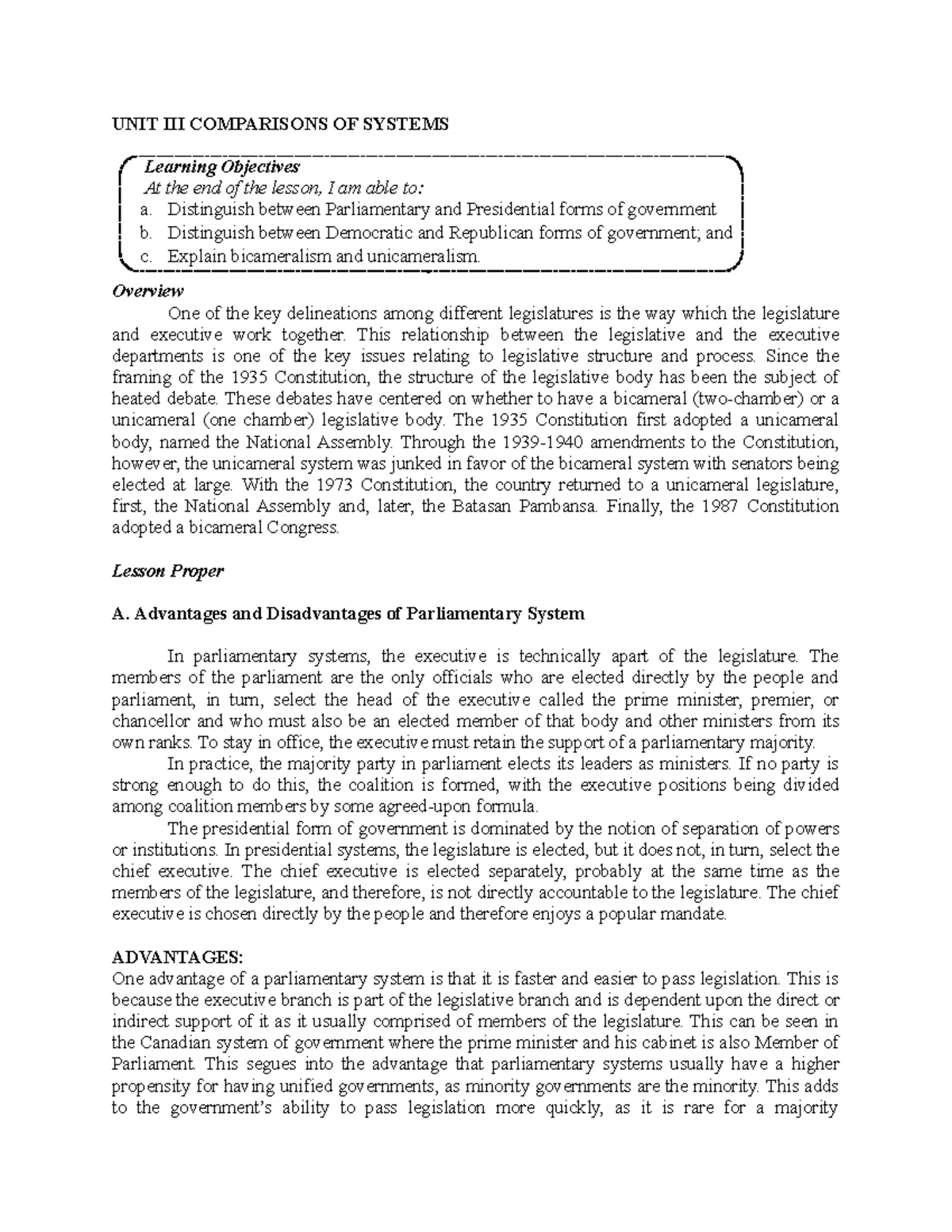 UNIT III Comparisons OF Systems - UNIT III COMPARISONS OF SYSTEMS ...