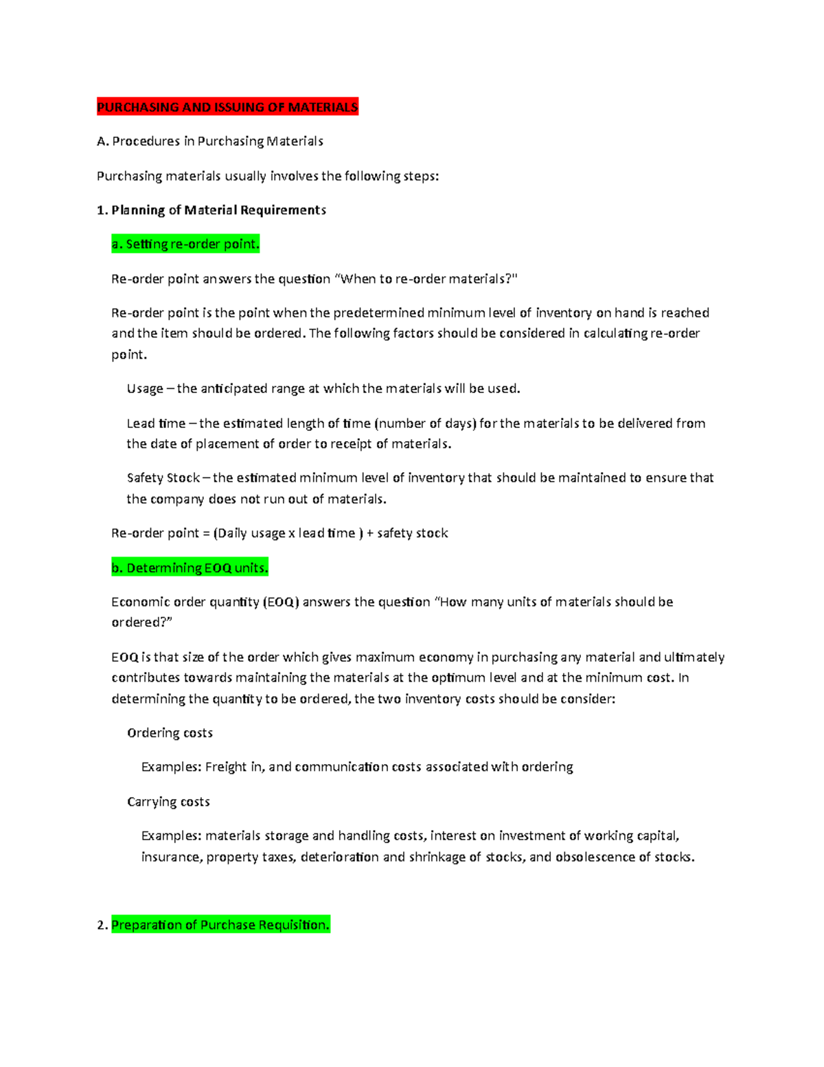 Purchasing AND Issuing OF Materials - PURCHASING AND ISSUING OF ...