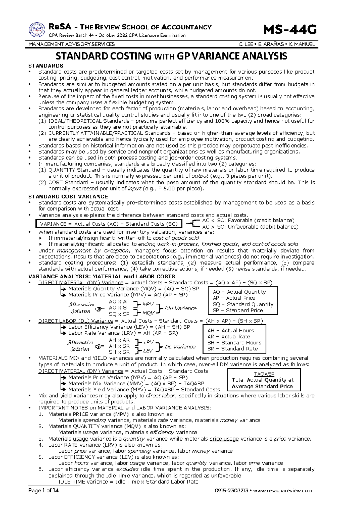 MS44G (Standard Costing with GP Variance Analysis) ReSA THE REVIEW