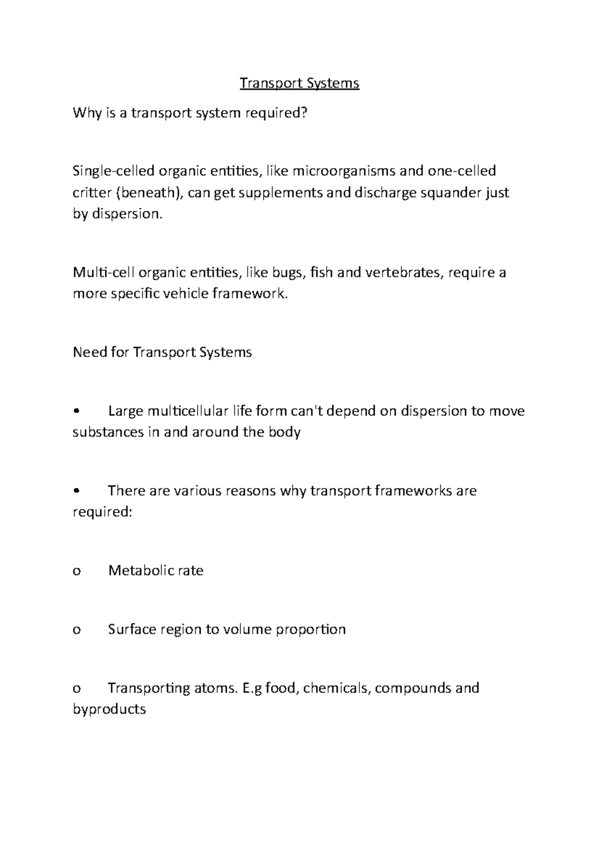 Transport Systems - Notes On Biology A Level OCR A - Transport Systems ...