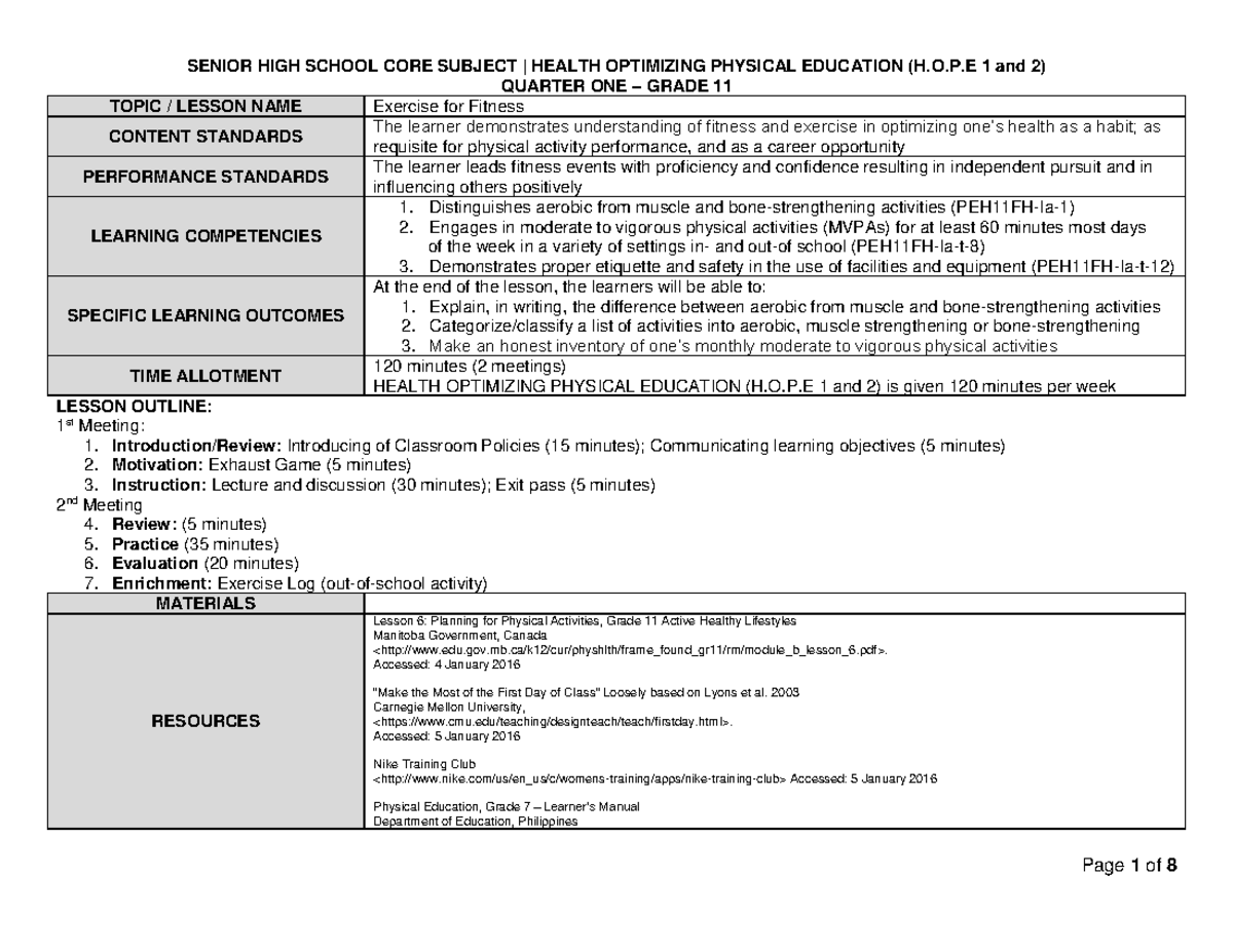 physical education topic for grade 11