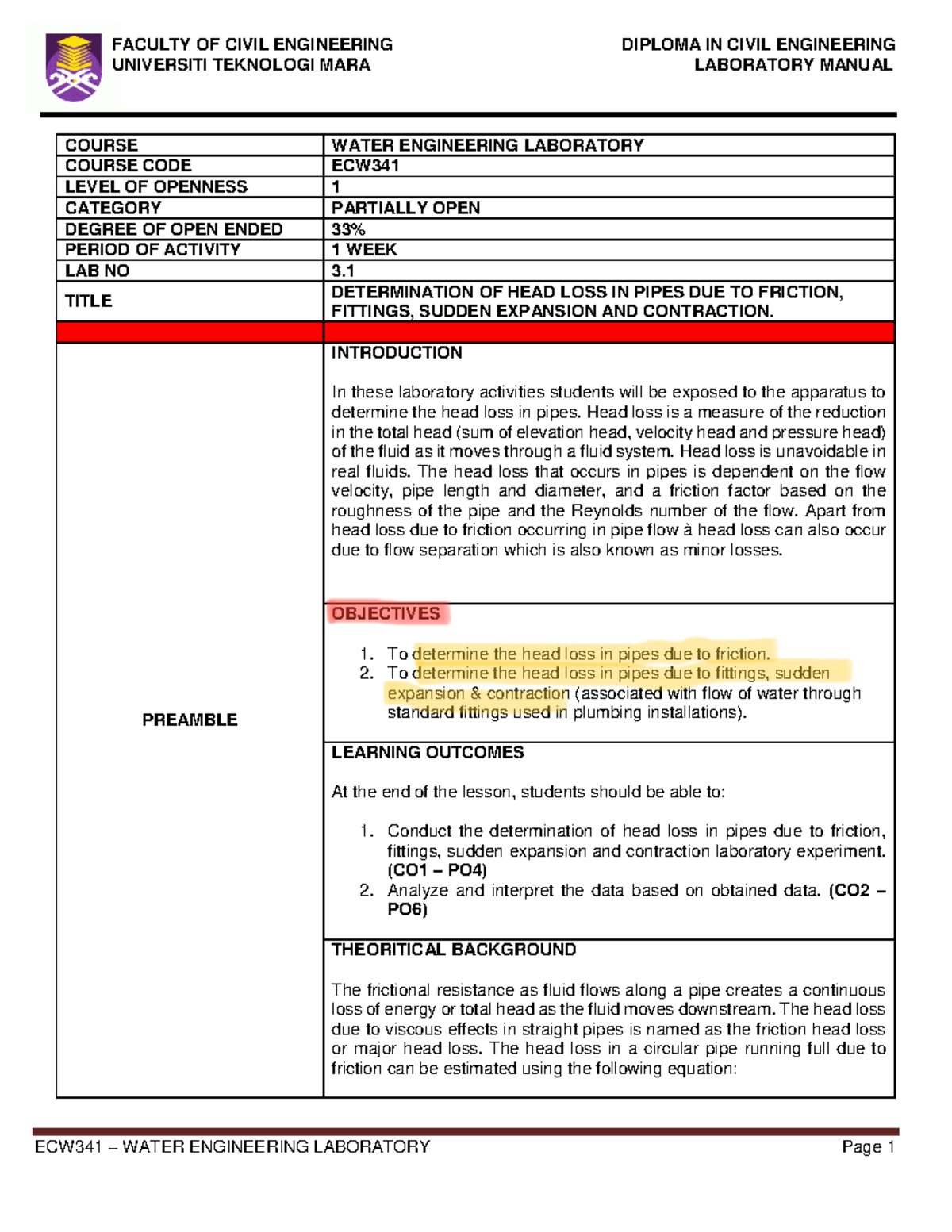 Lab Manual 3.1 Level 1 Determination of head loss in pipes due to