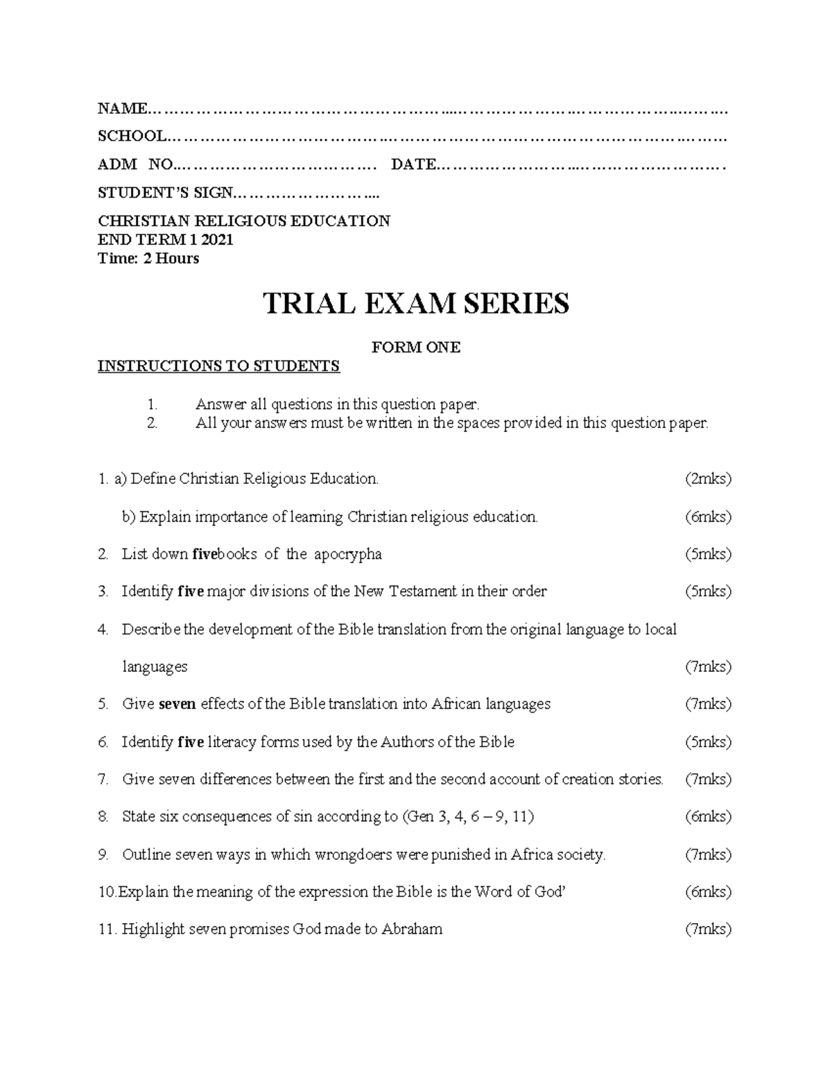 CRE Form 1 End Term 1 Exam 2021 Teacher - - Studocu