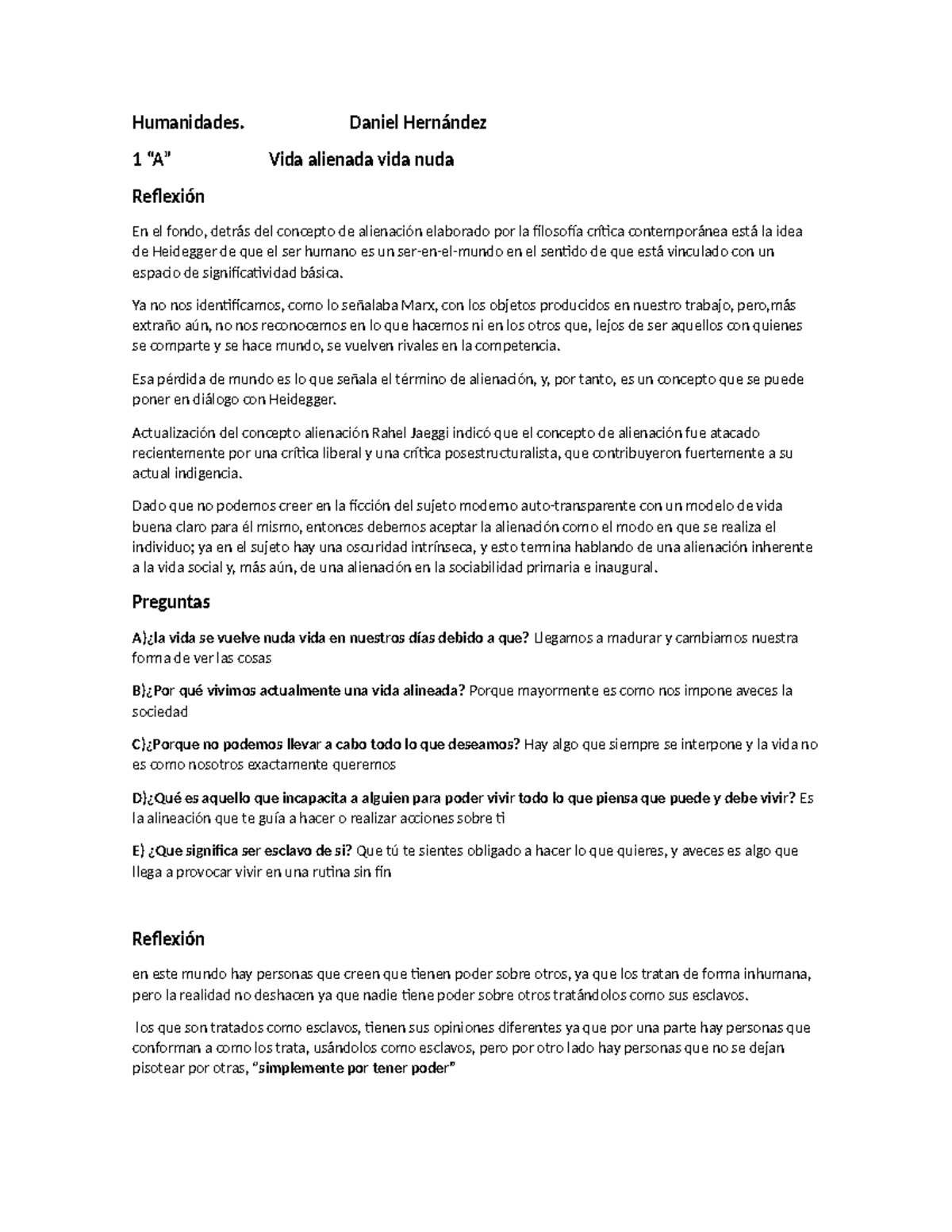 9.1 humanidades - Humanidades. Daniel Hernández 1 “A” Vida alienada ...