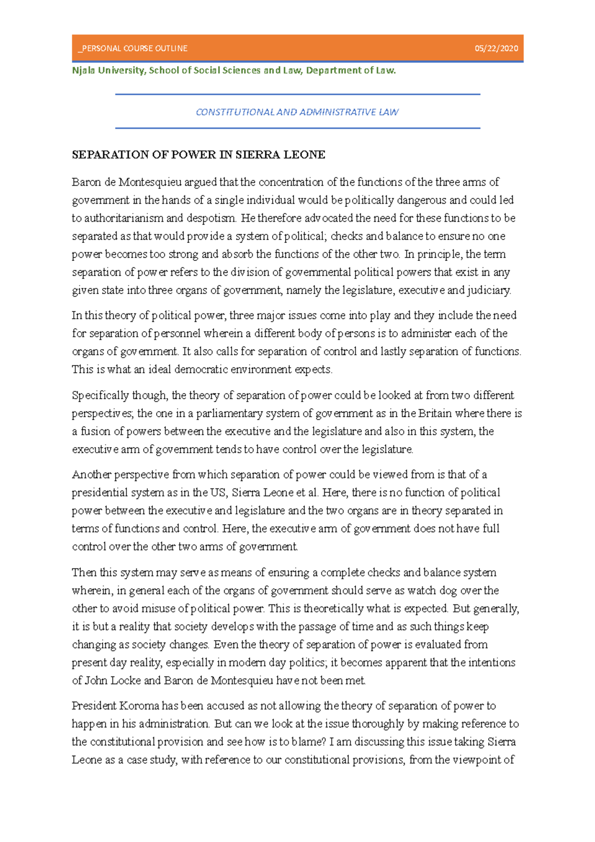 Constitutional AND Administrative LAW Njala University, School of