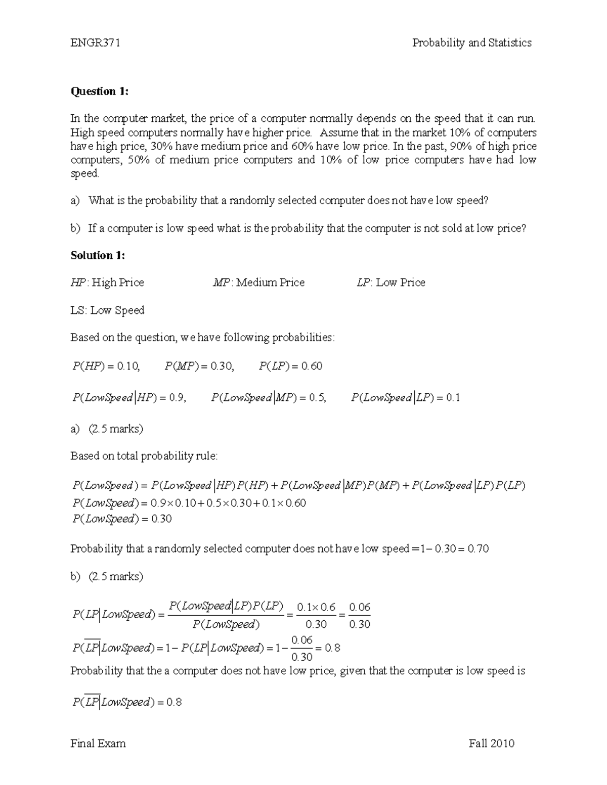 Exam December 2010, questions and answers - ENGR371 Probability and ...