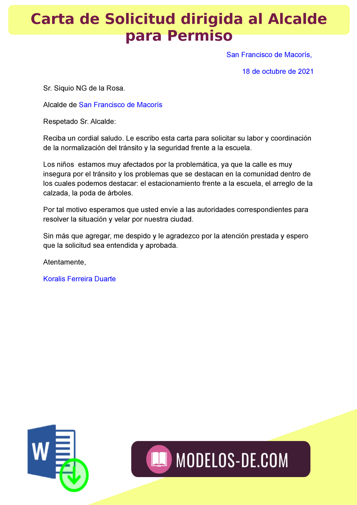 Carta-de-solicitud-dirigida al alcalde - San Francisco de Macorís, 18 ...