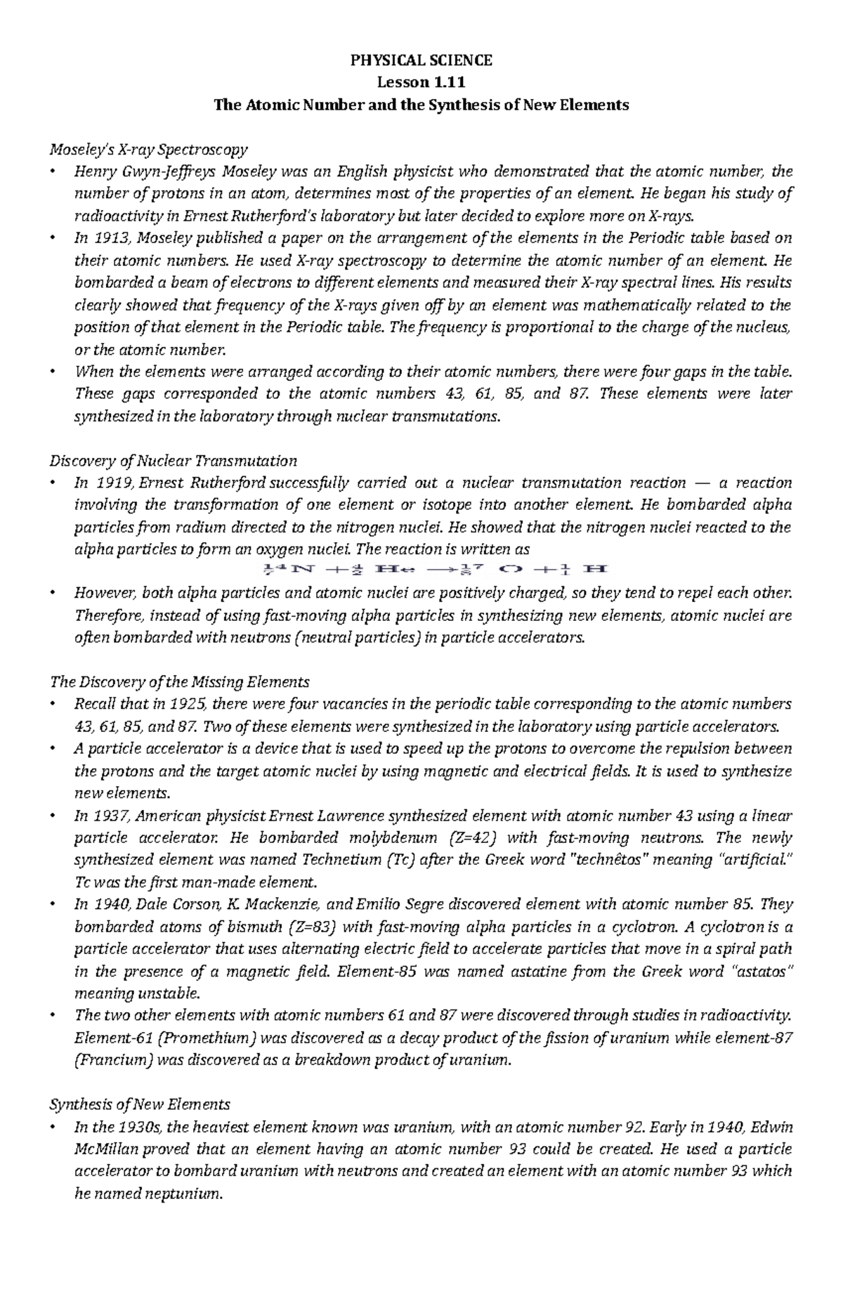 The Atomic Number and the Synthesis of New Elements PHYSICAL SCIENCE