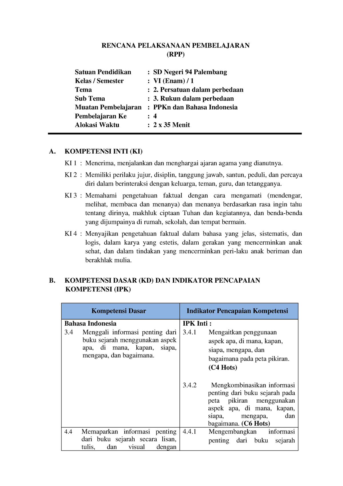 RPP TEMA 2 ST.1 P.4 REV - RPP - RENCANA PELAKSANAAN PEMBELAJARAN (RPP ...