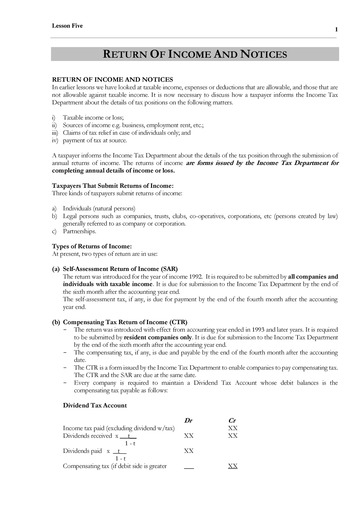 Tax Theory Class notes - 1 RETURN OF INCOME AND NOTICES RETURN OF ...