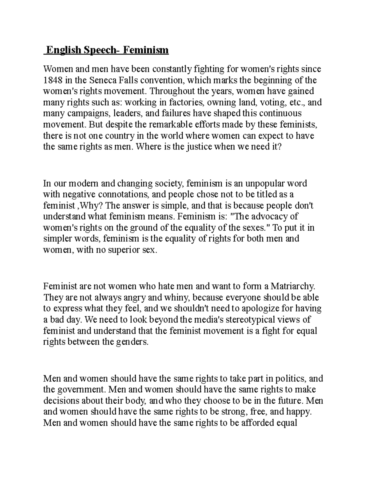 English Speech-(Femnism) - English Speech- Feminism Women and men have ...