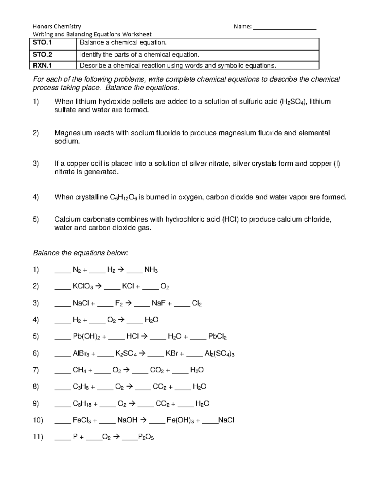 Worksheet-Balancing-Equations - Writing and Balancing Equations ...