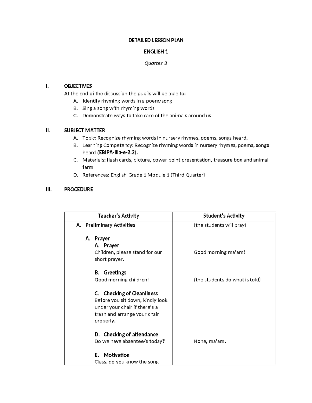 Dlp In English 1 Lesson Plan Detailed Lesson Plan English 1 Quarter 3 I Objectives At The 6439