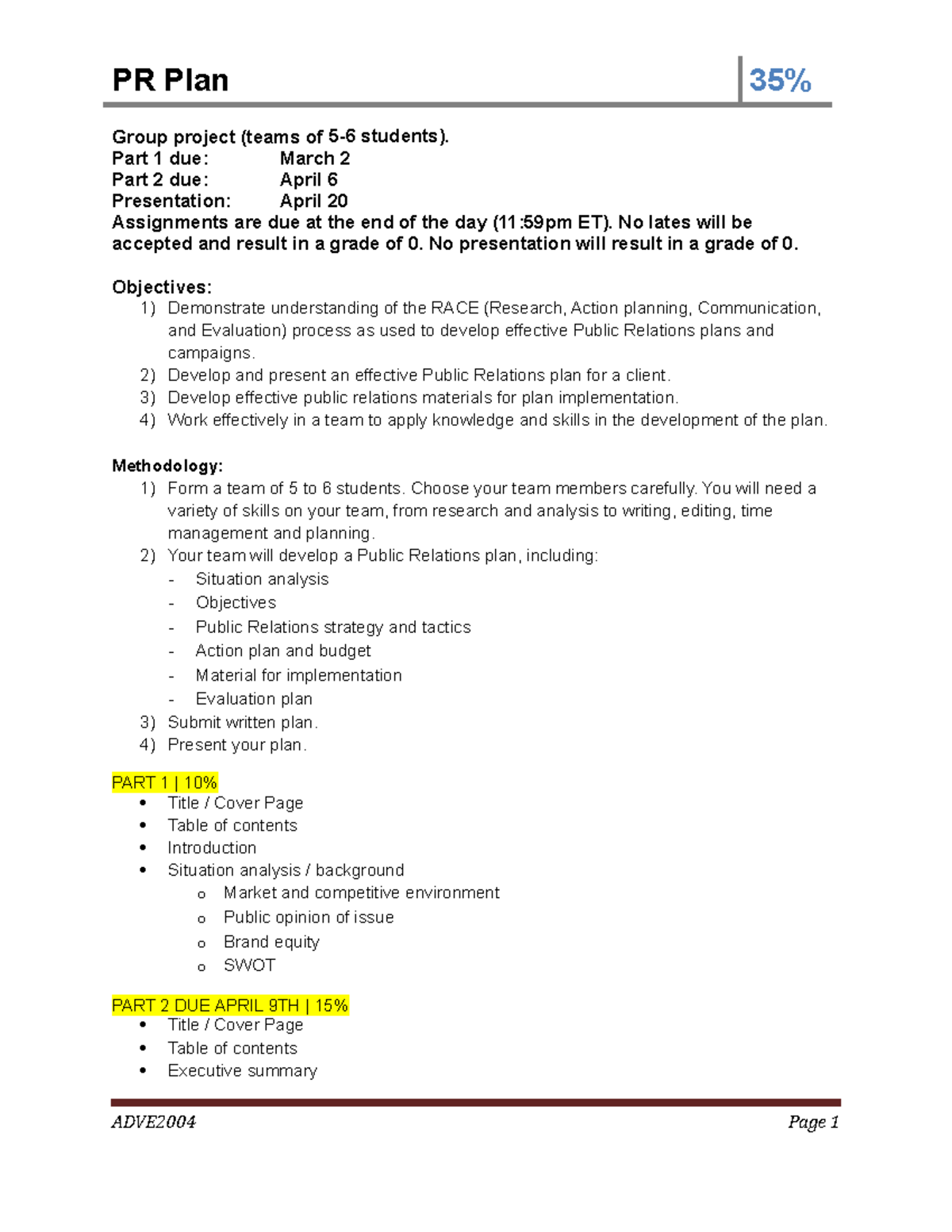 2021 - ADVE2004 pr plan(1) - Group project (teams of 5-6 students ...