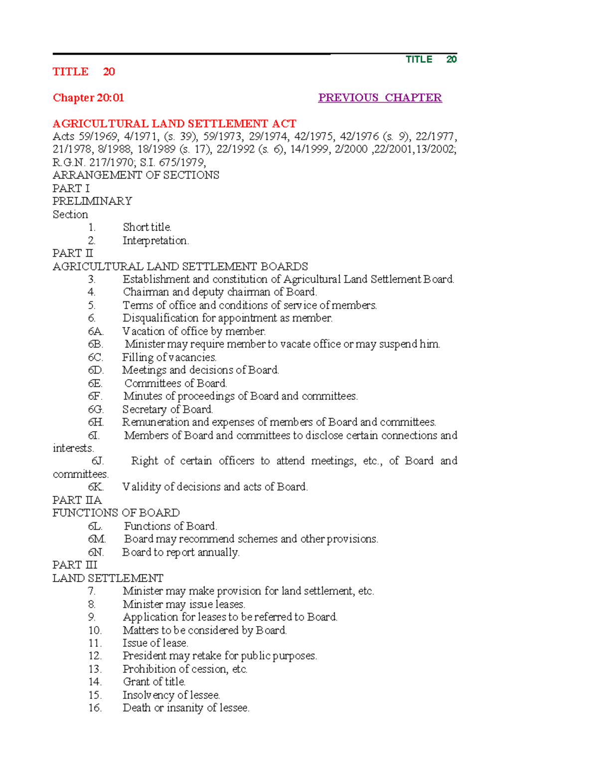 Agricultural LAND Settlement ACT 20 01 TITLE 20 Chapter 2001