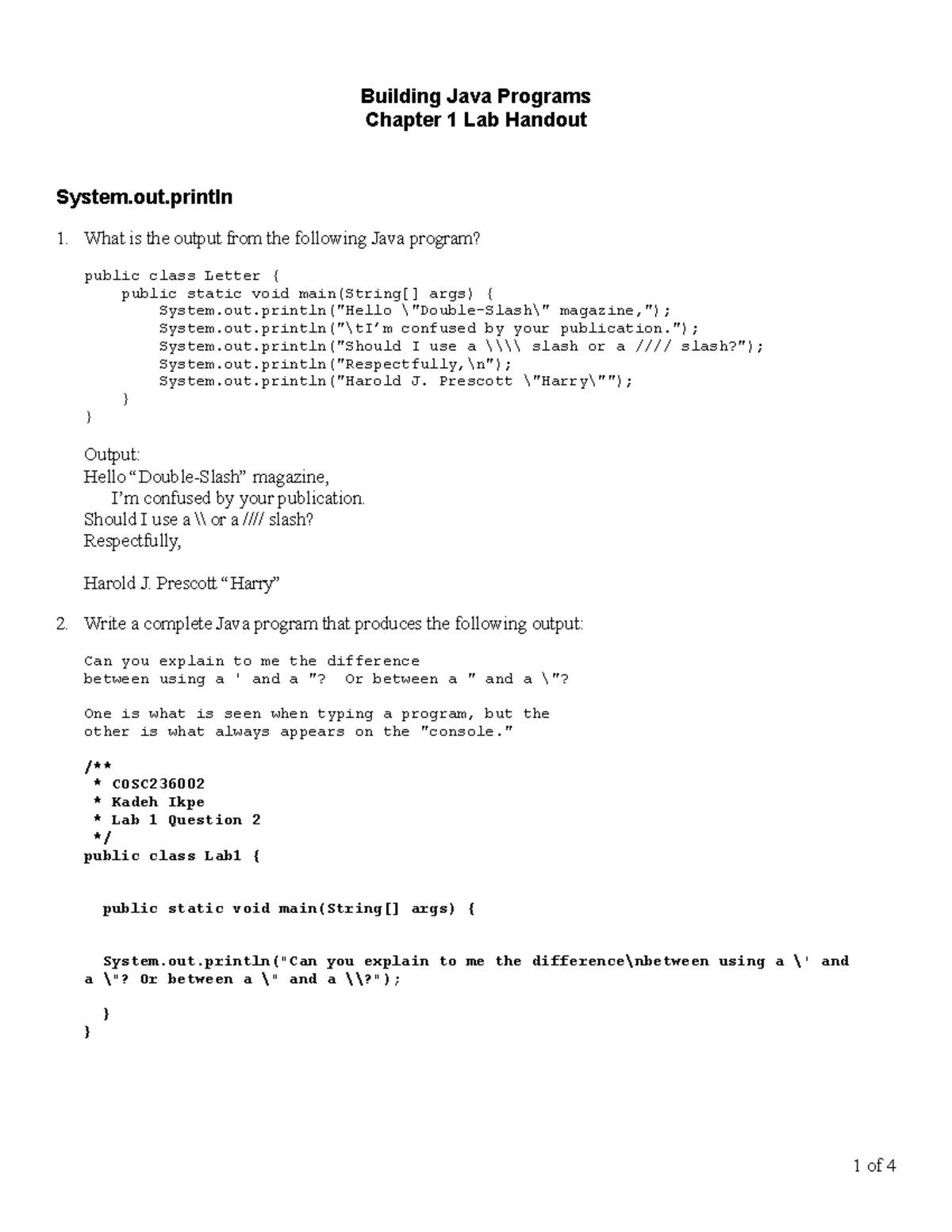 Lab1 - Lab Assignment - Building Java Programs Chapter 1 Lab Handout ...