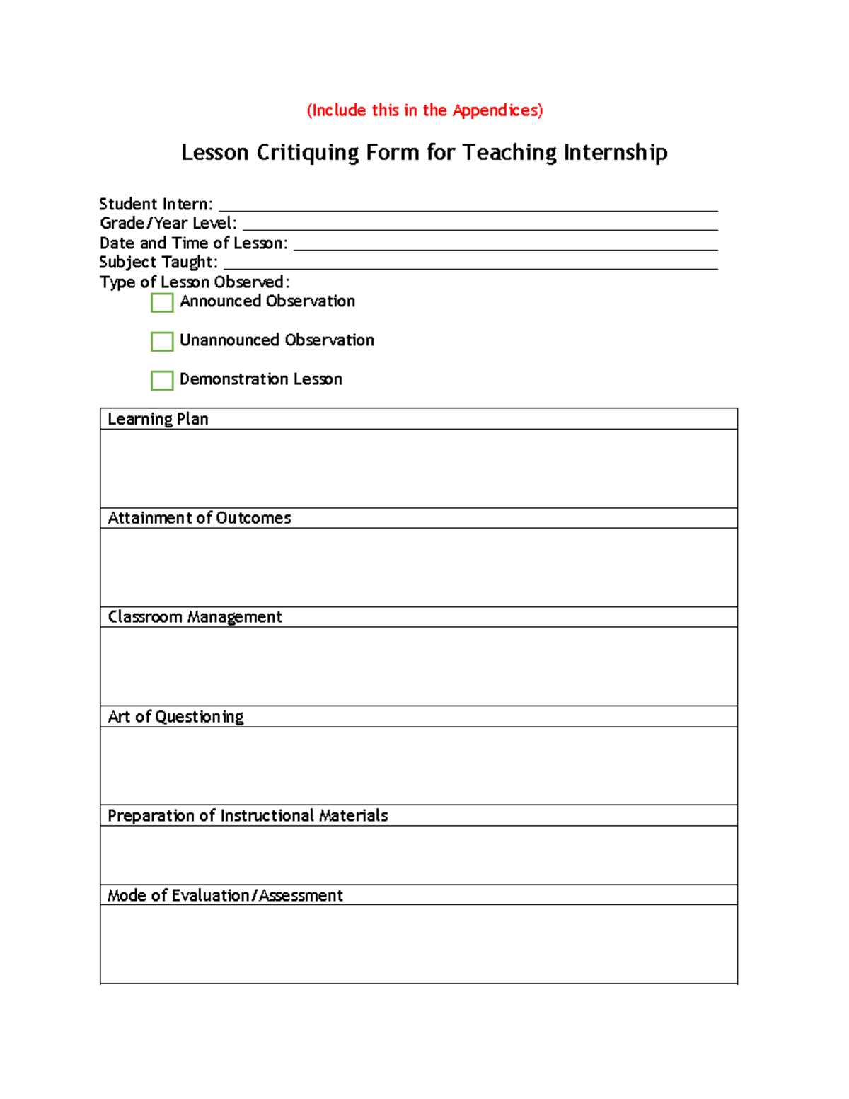 Lesson Critiquing Form for Teaching Internship - (Include this in the ...