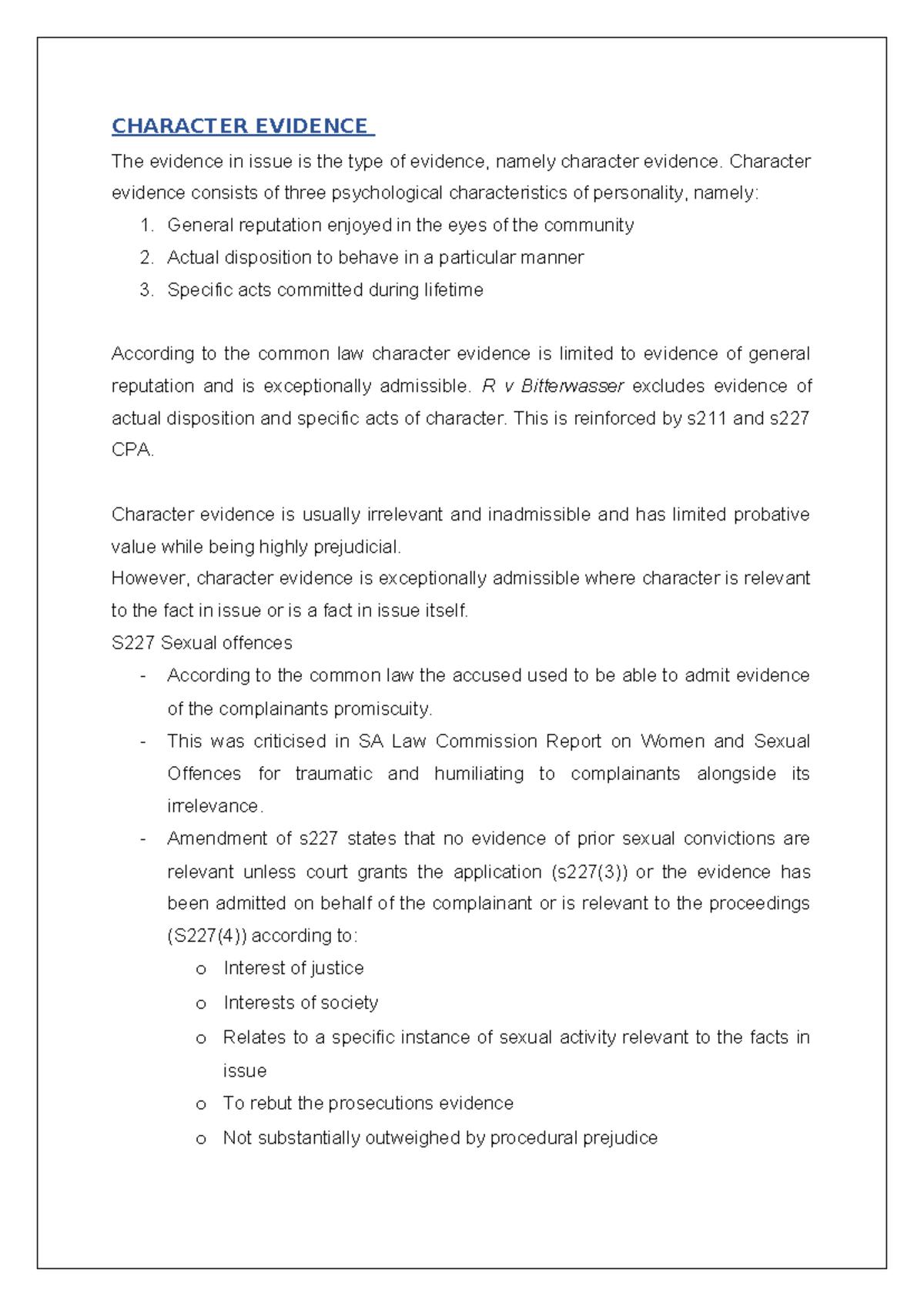 Character Evidence - CHARACTER EVIDENCE The evidence in issue is the ...