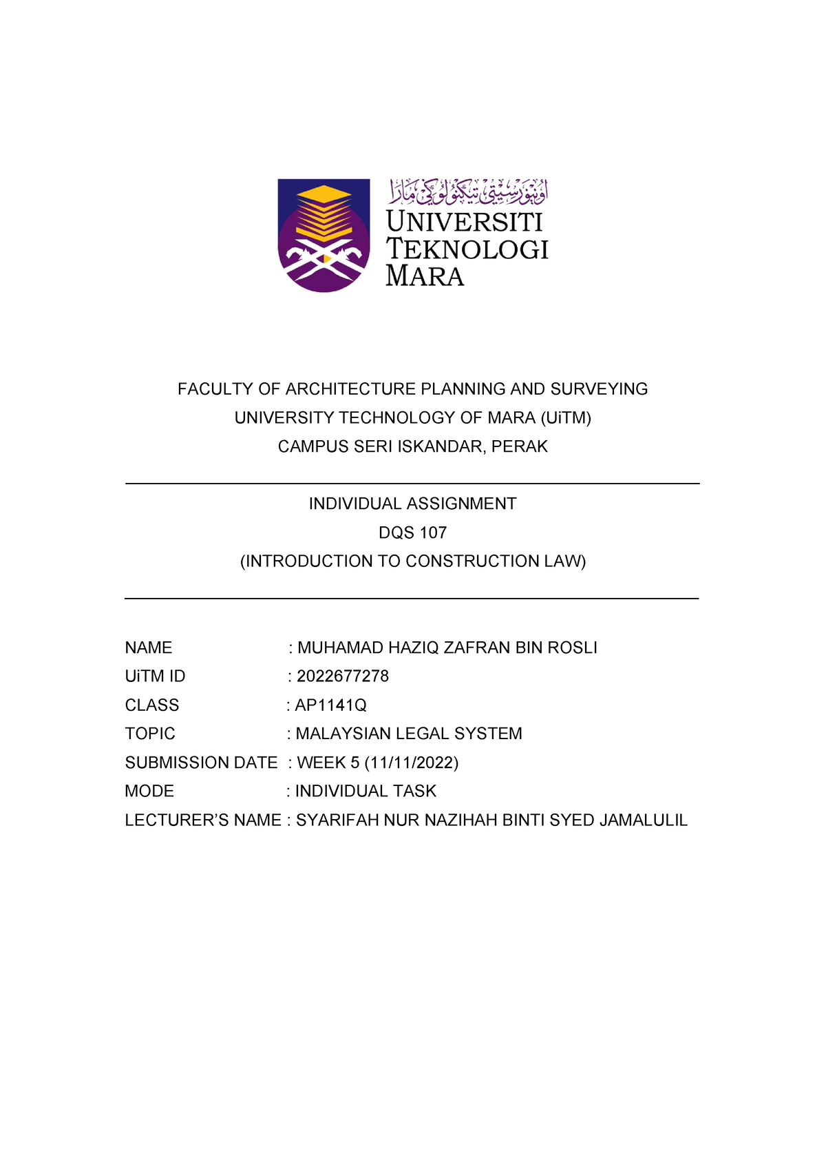 assignment law 416 uitm