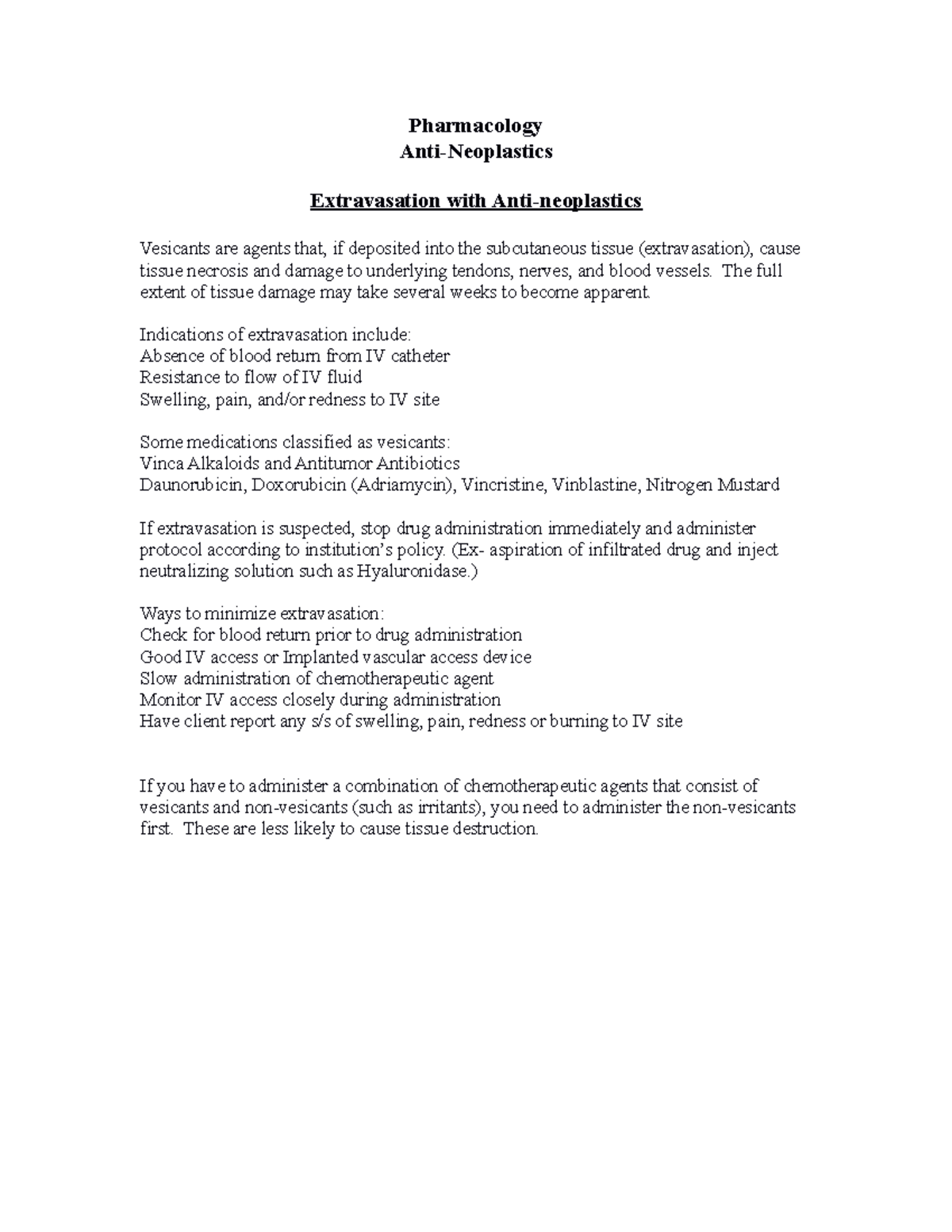 Vesicants - Study guide - Pharmacology Anti-Neoplastics Extravasation ...