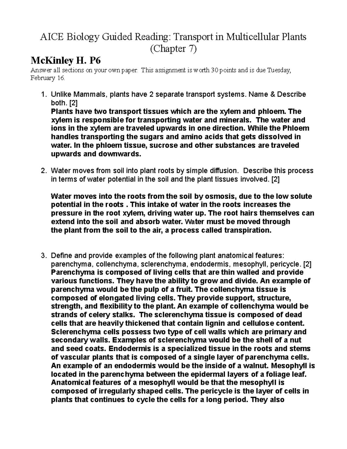 Aice Biology Gr Plant Xport - AICE Biology Guided Reading: Transport In ...