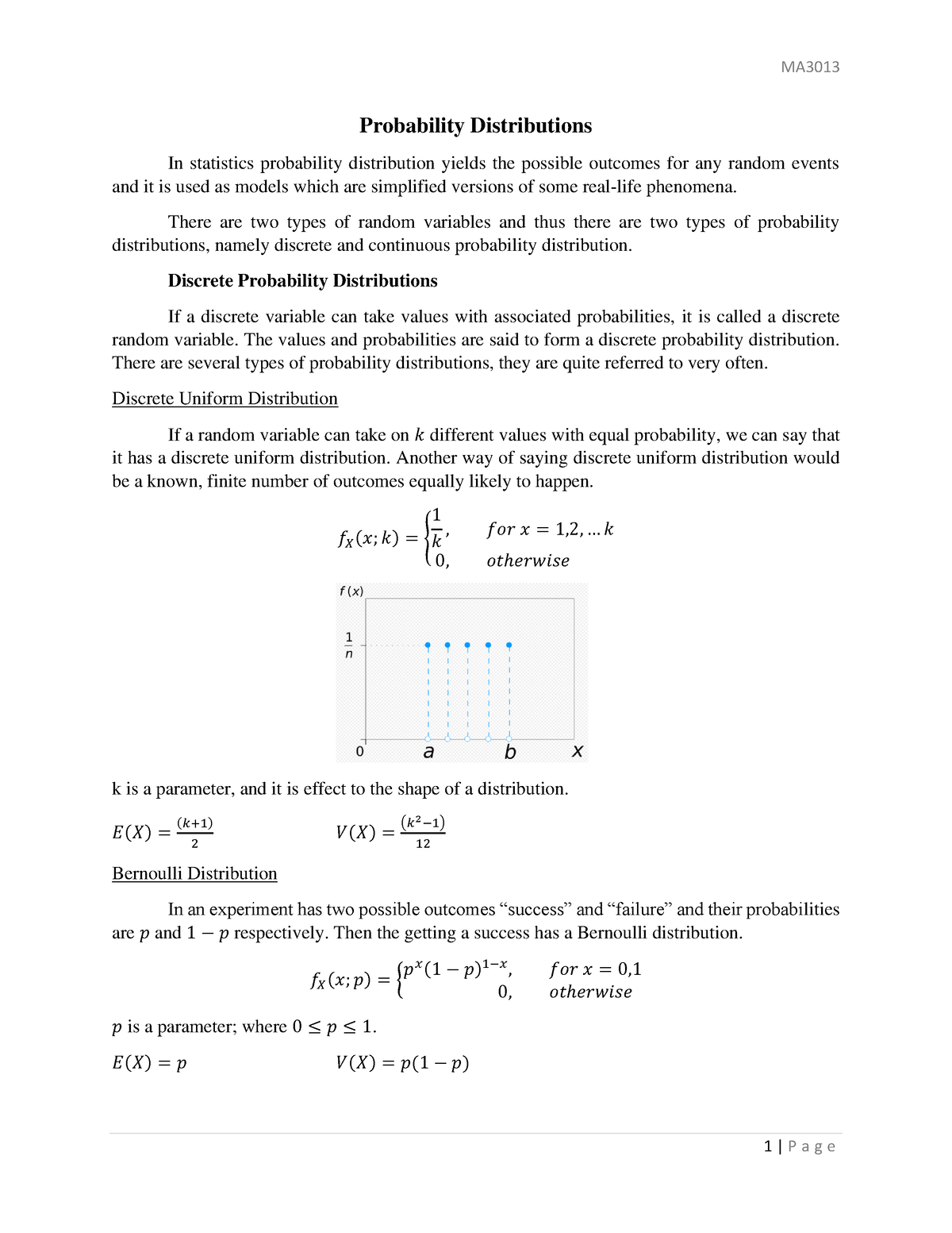 Lecture Note 1 Probability Distributions In statistics probability