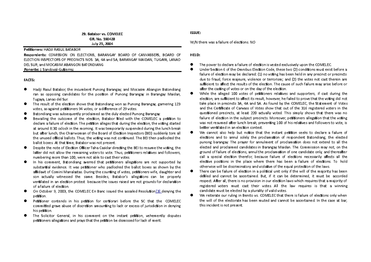 Toaz - hu;l.hj - Petitioners: HADJI RASUL BATABOR Batabor vs. COMELEC ...