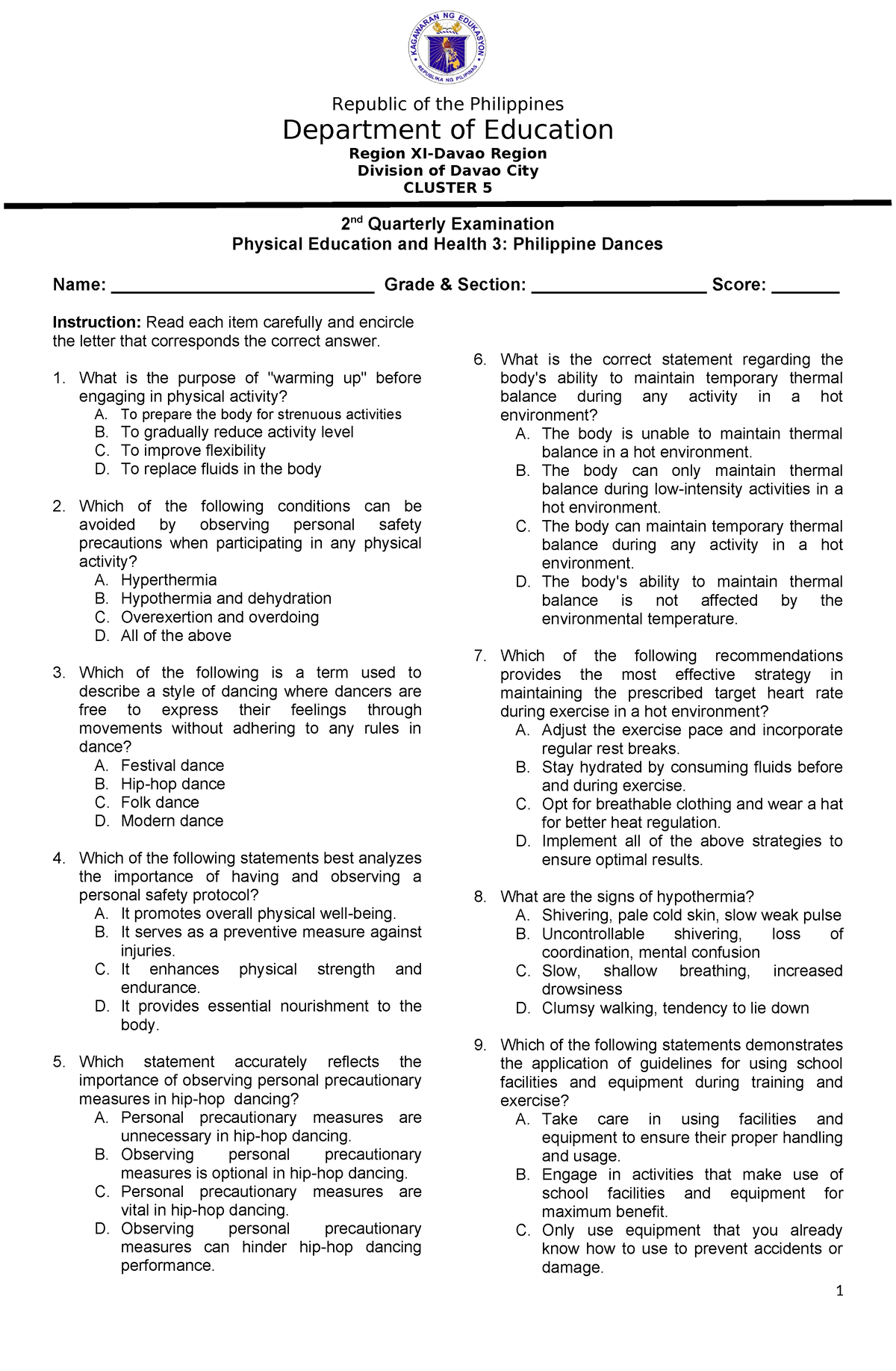 TQ PE3 - Assessment - Republic of the Philippines Department of ...