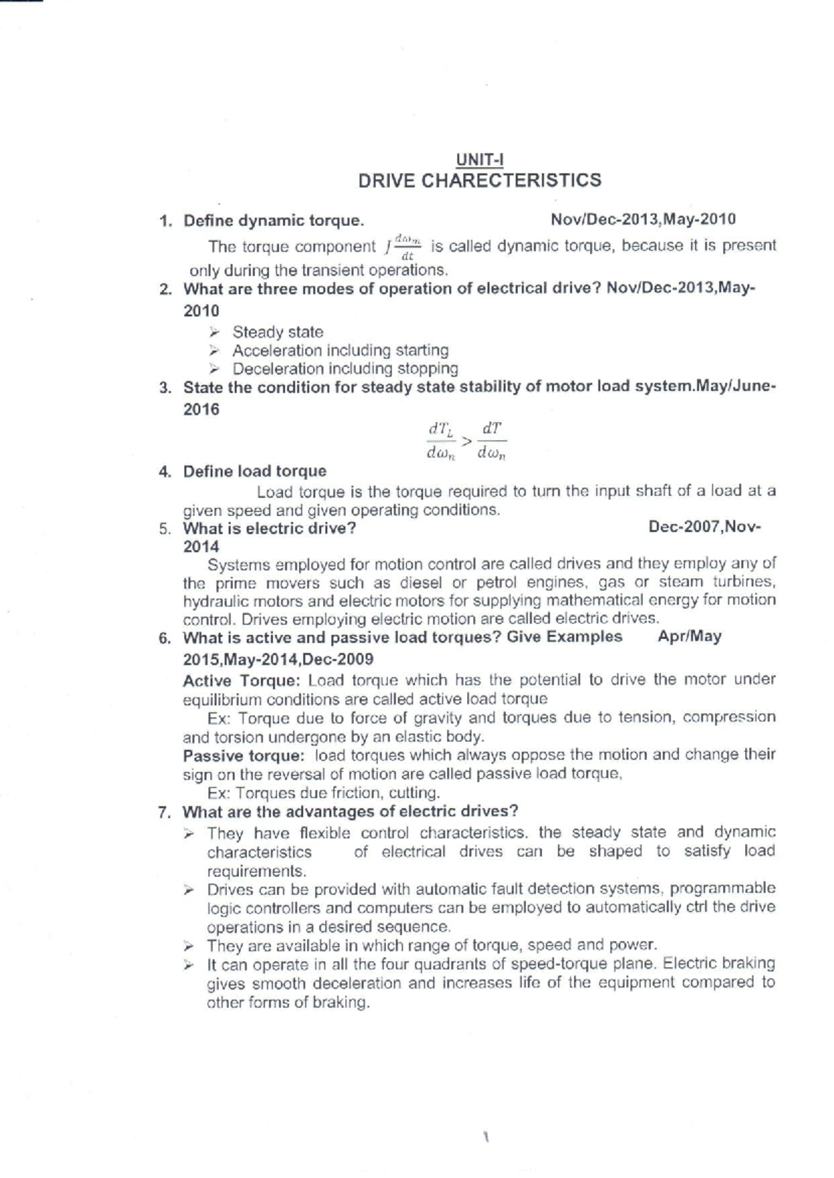 UNIT I Handwritten - All the best - DRIVE CHARECTERISTICS 1. Define ...